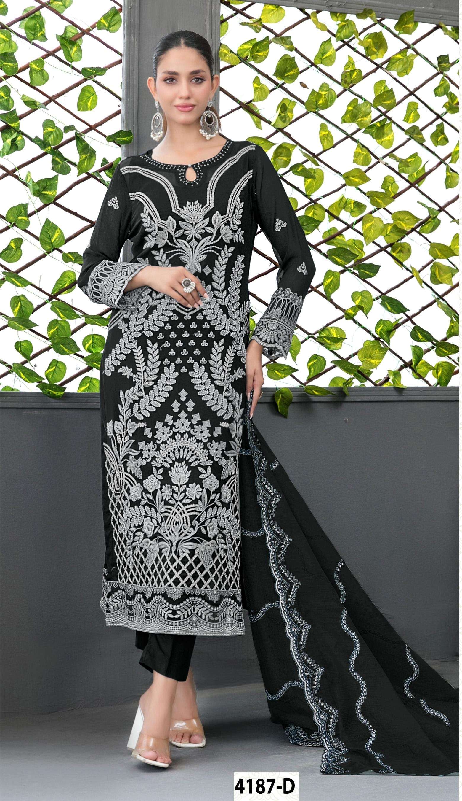 DESIGNER WEDDING PARTY WEAR STRAIGHT FAUX GEORGETTE BLACK PAKISTANI SALWAR SUIT JG 4187 D