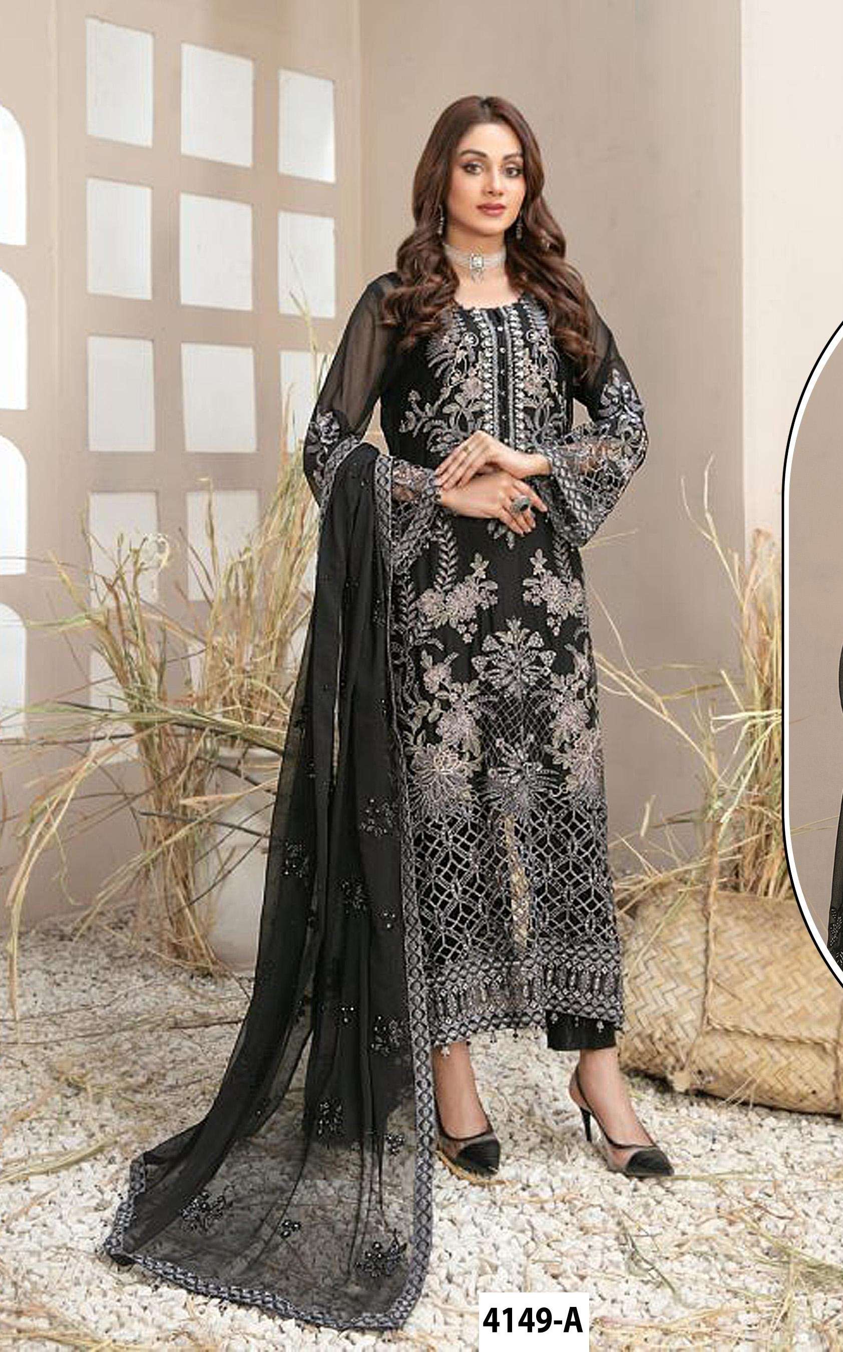 DESIGNER WEDDING PARTY WEAR STRAIGHT FAUX GEORGETTE BLACK PAKISTANI SALWAR SUIT JG 4149 A