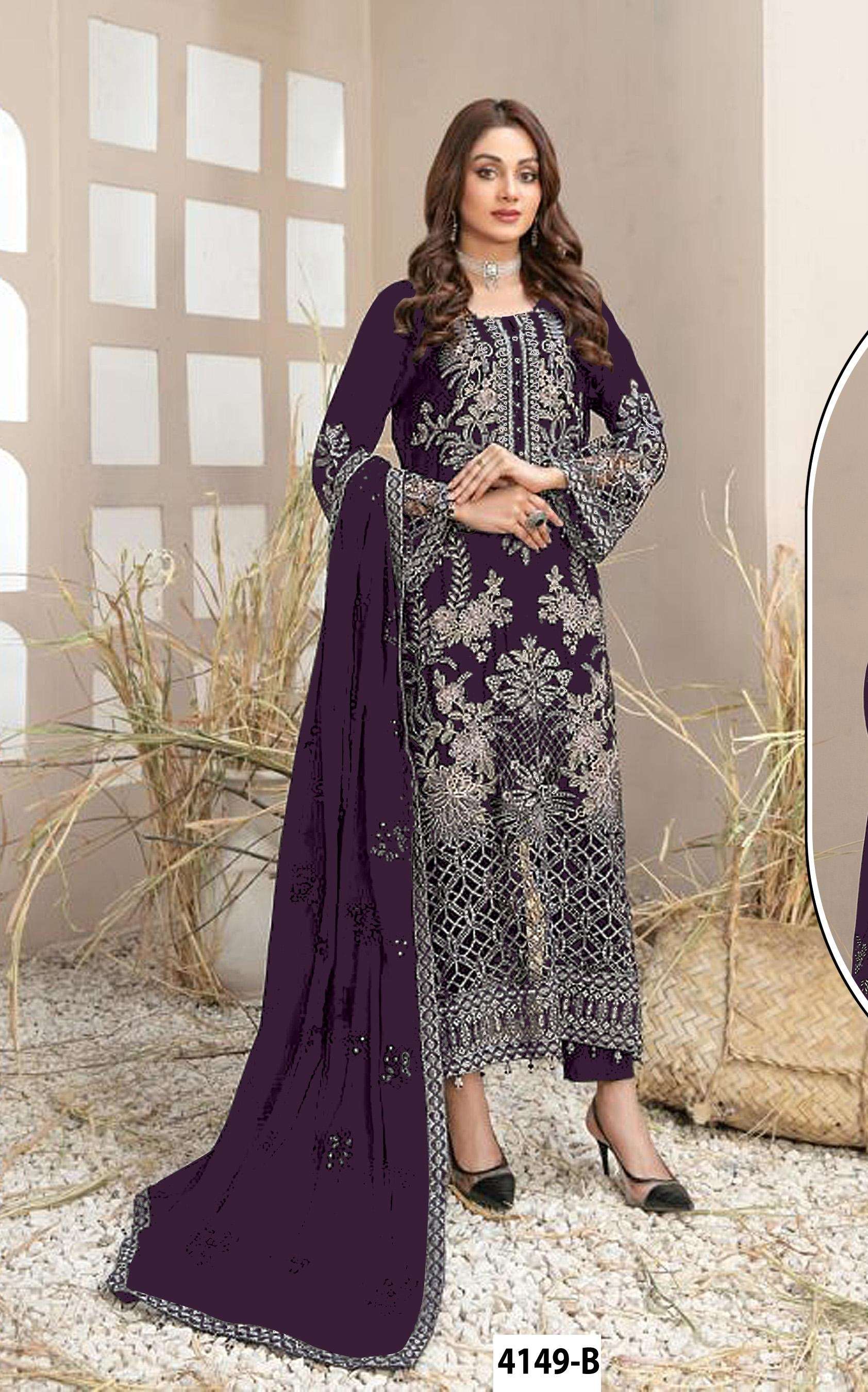 DESIGNER WEDDING PARTY WEAR STRAIGHT FAUX GEORGETTE PURPLE PAKISTANI SALWAR SUIT JG 4149 B