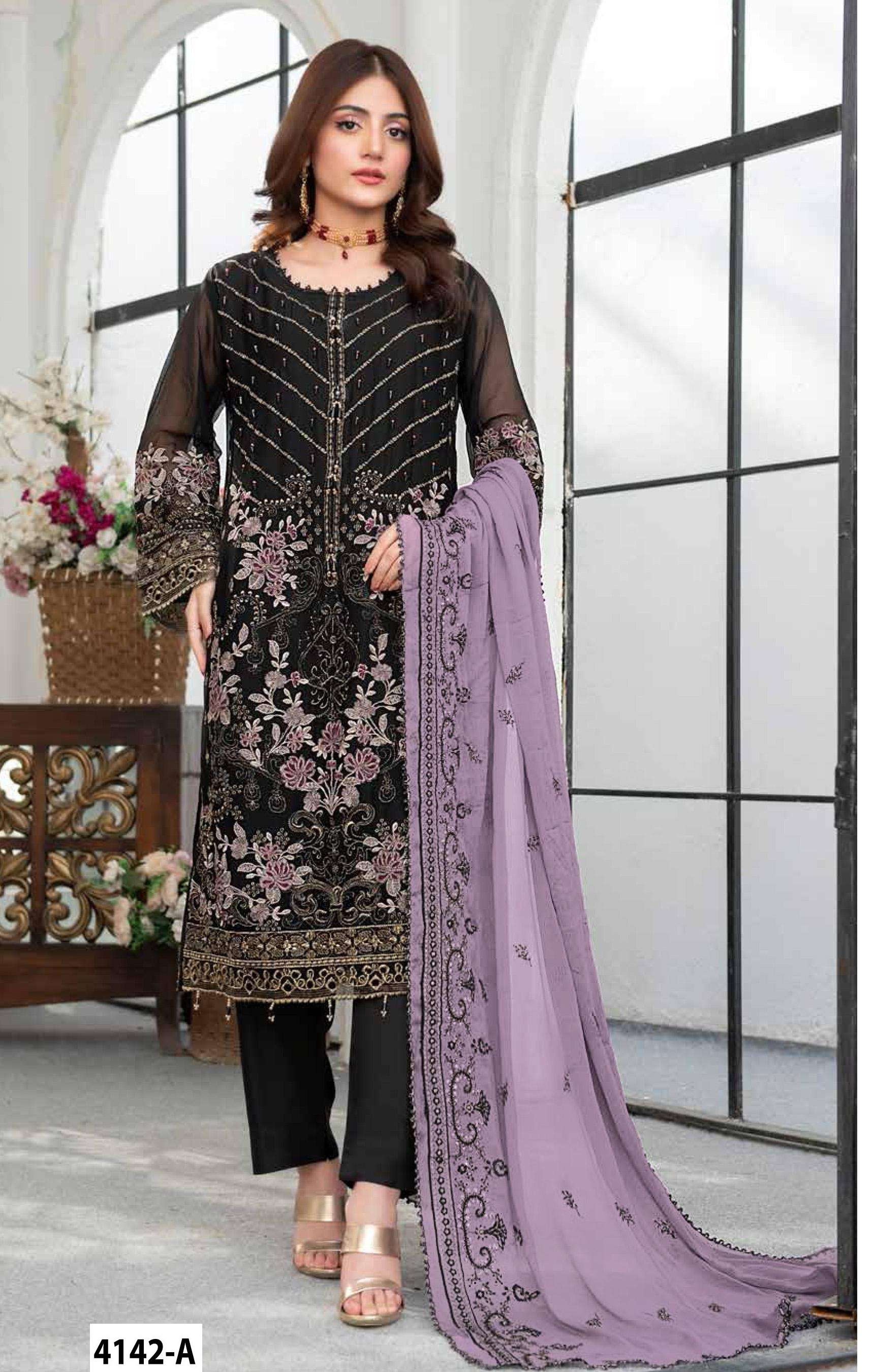 DESIGNER WEDDING PARTY WEAR STRAIGHT FAUX GEORGETTE BLACK PAKISTANI SALWAR SUIT JG 4142 A