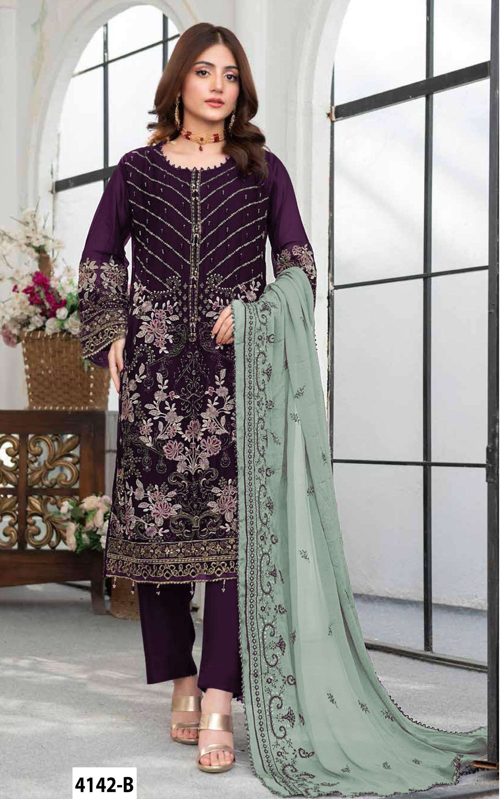DESIGNER WEDDING PARTY WEAR STRAIGHT FAUX GEORGETTE PURPLE PAKISTANI SALWAR SUIT JG 4142 B