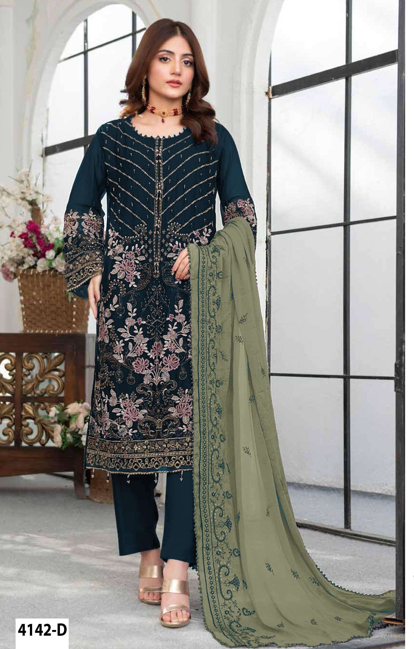 DESIGNER WEDDING PARTY WEAR STRAIGHT FAUX GEORGETTE BLUE PAKISTANI SALWAR SUIT JG 4142 D