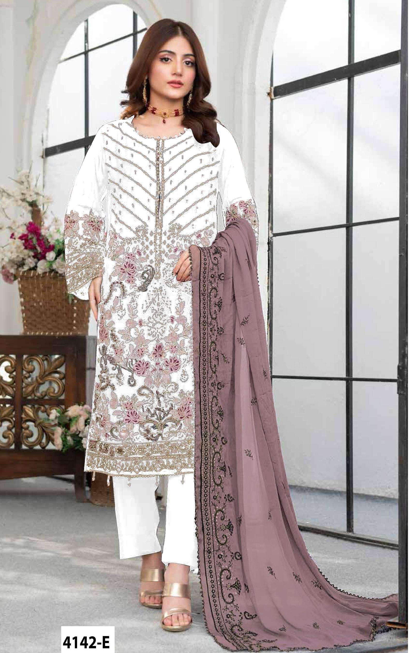 DESIGNER WEDDING PARTY WEAR STRAIGHT FAUX GEORGETTE WHITE PAKISTANI SALWAR SUIT JG 4142 E