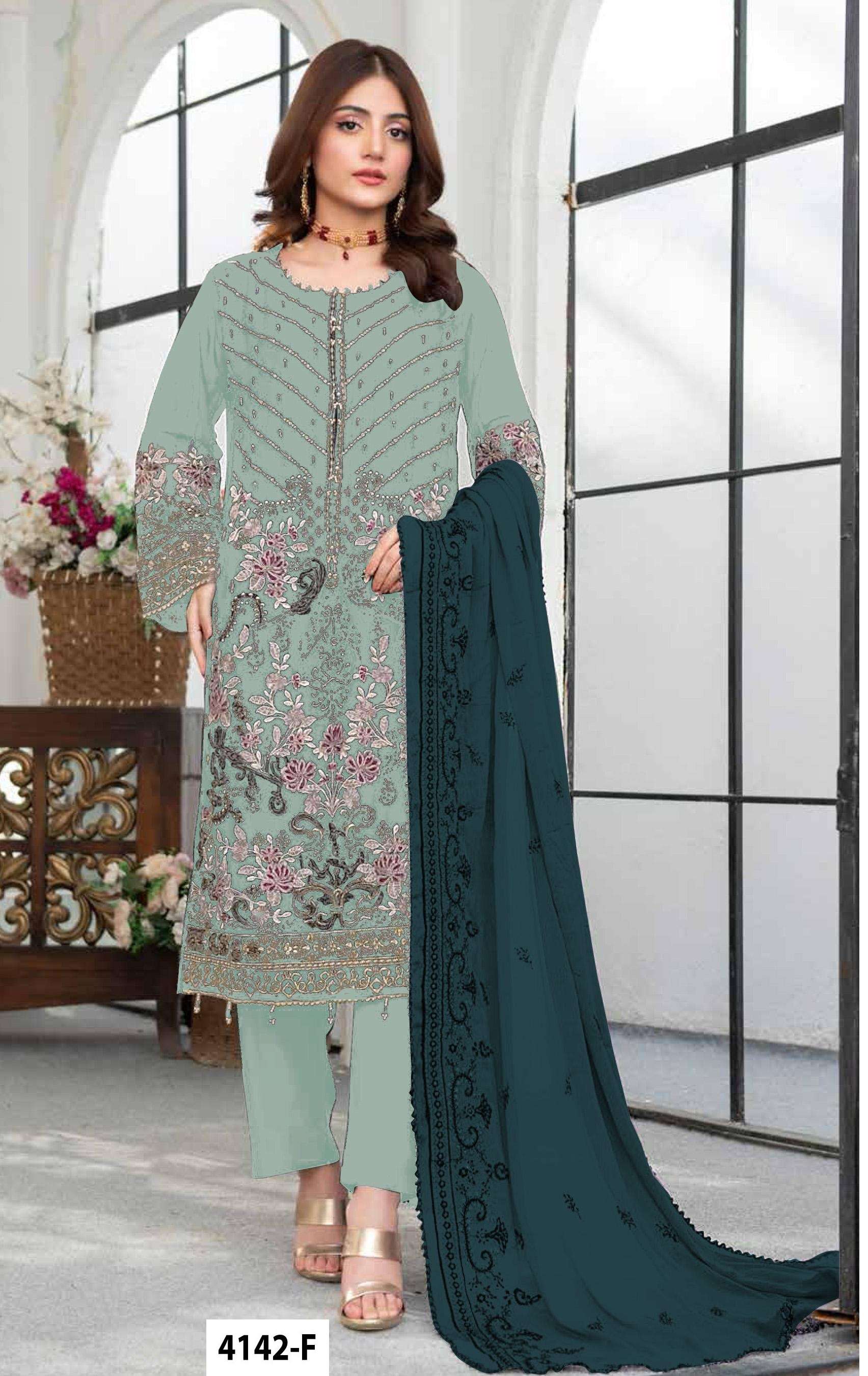 DESIGNER WEDDING PARTY WEAR STRAIGHT FAUX GEORGETTE SKY BLUE COLOR PAKISTANI SALWAR SUIT JG 4142 F