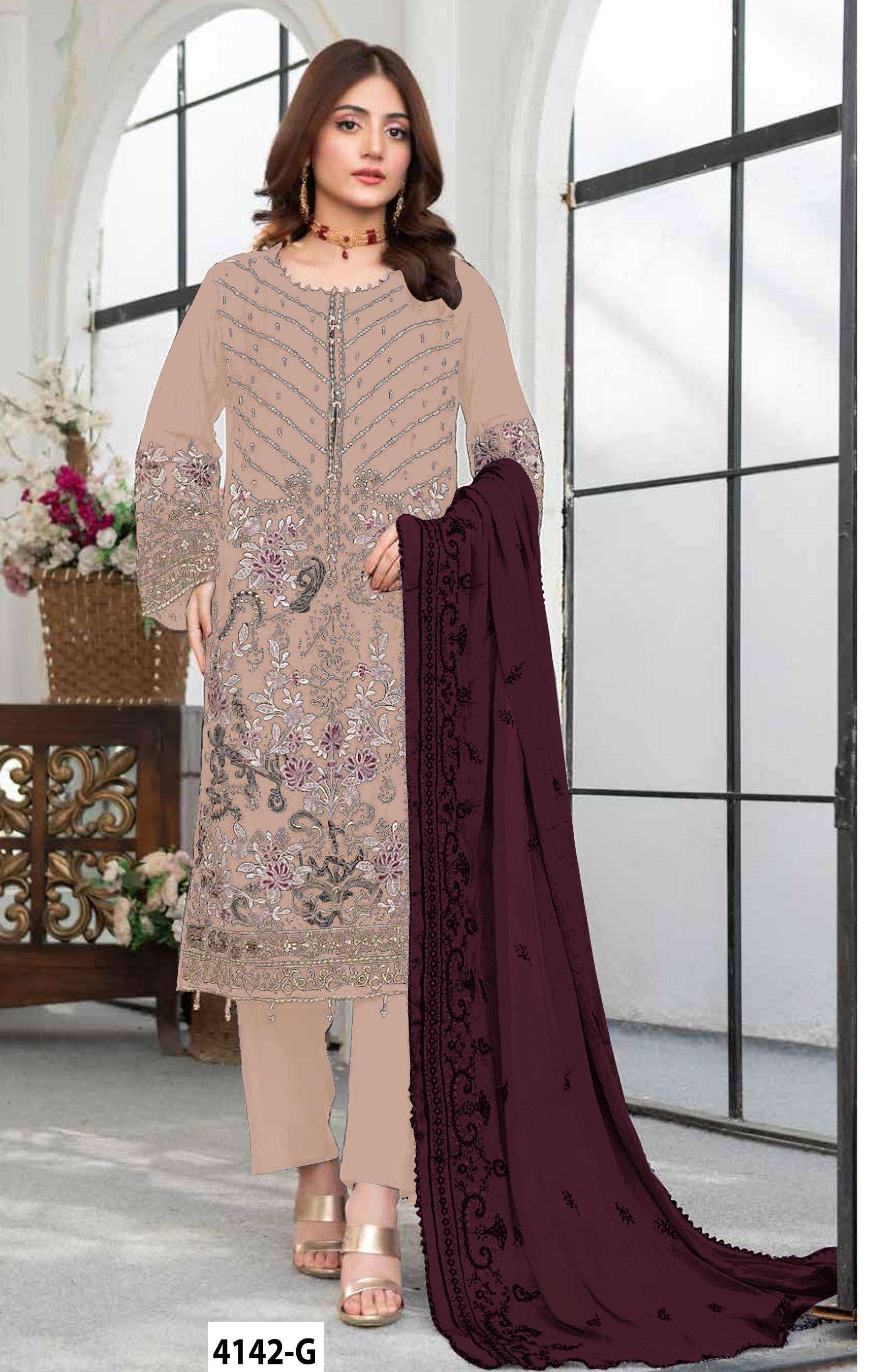 DESIGNER WEDDING PARTY WEAR STRAIGHT FAUX GEORGETTE CHIKU PAKISTANI SALWAR SUIT JG 4142 G