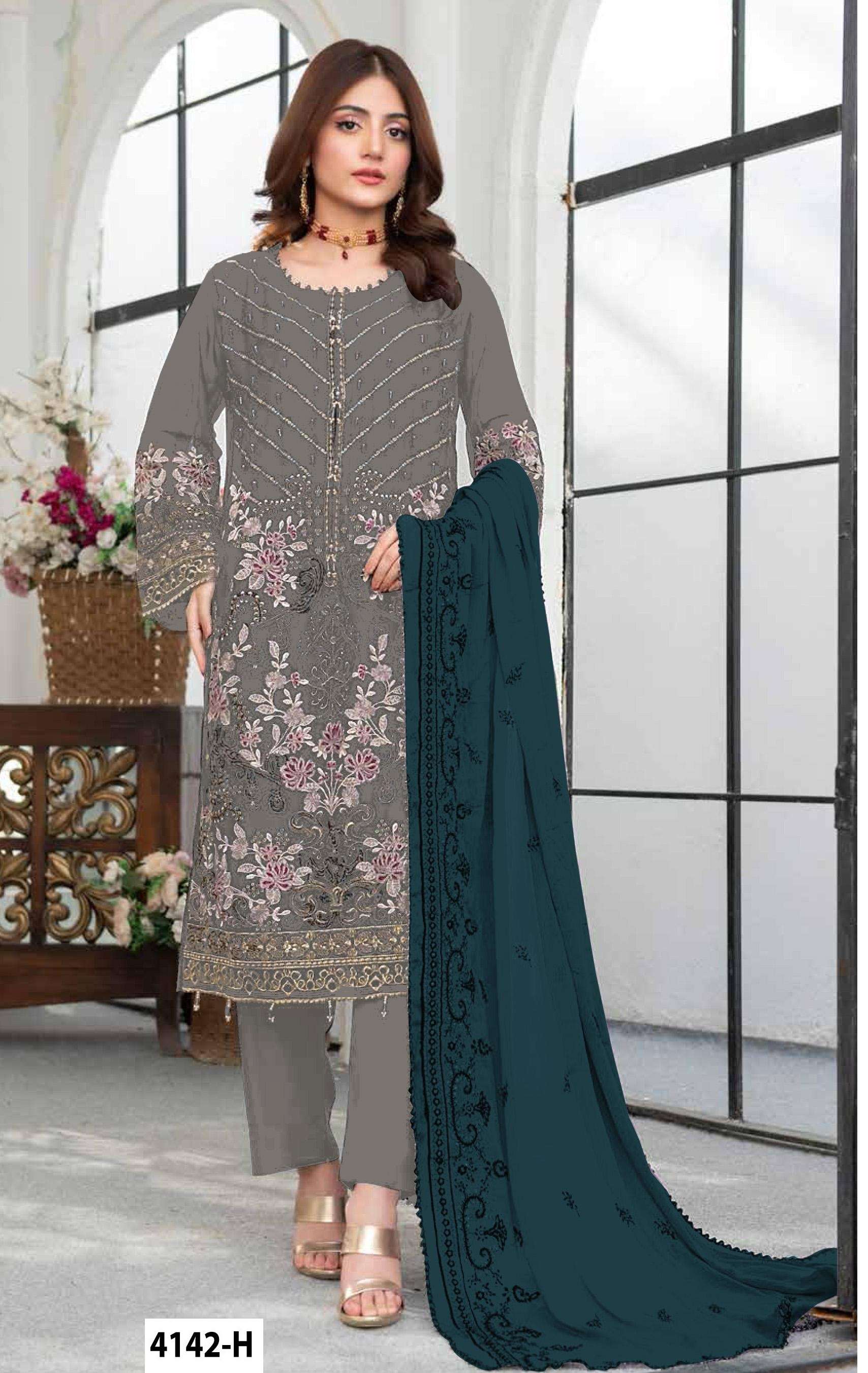 DESIGNER WEDDING PARTY WEAR STRAIGHT FAUX GEORGETTE GREY PAKISTANI SALWAR SUIT JG 4142 H
