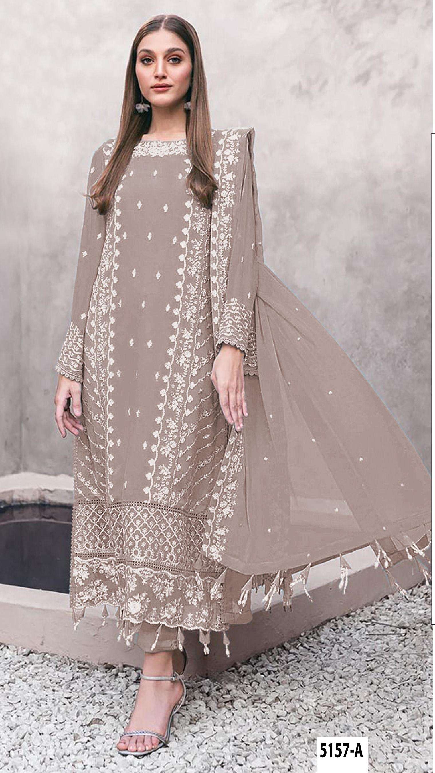 DESIGNER WEDDING PARTY WEAR STRAIGHT FAUX GEORGETTE CHIKU COLOR PAKISTANI SALWAR SUIT JG 5157 A