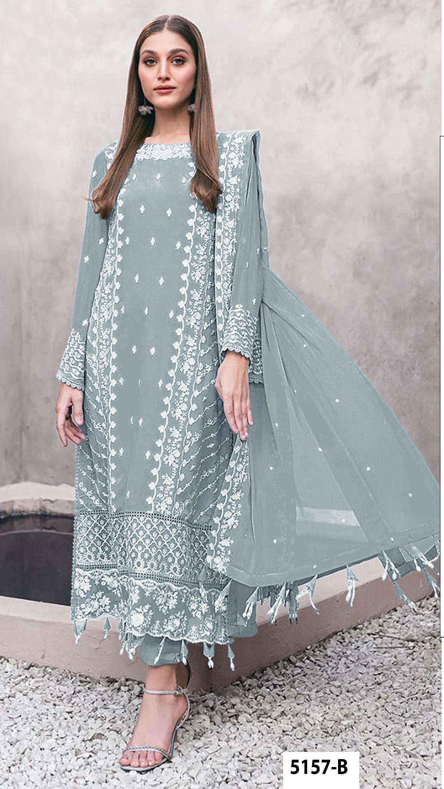 DESIGNER WEDDING PARTY WEAR STRAIGHT FAUX GEORGETTE GREY PAKISTANI SALWAR SUIT JG 5157 B