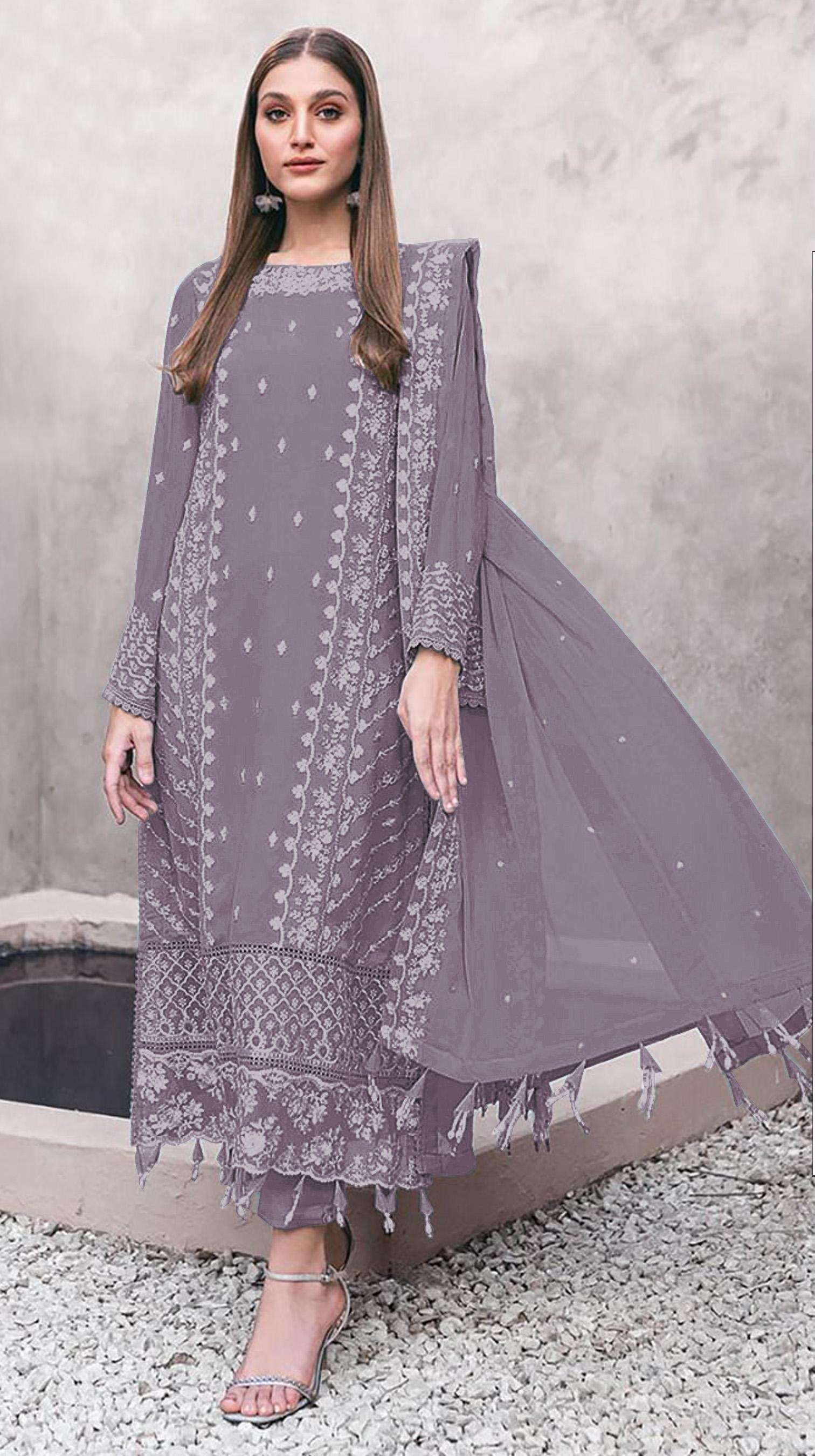 DESIGNER WEDDING PARTY WEAR STRAIGHT FAUX GEORGETTE LAVENDER PAKISTANI SALWAR SUIT JG 5157 E