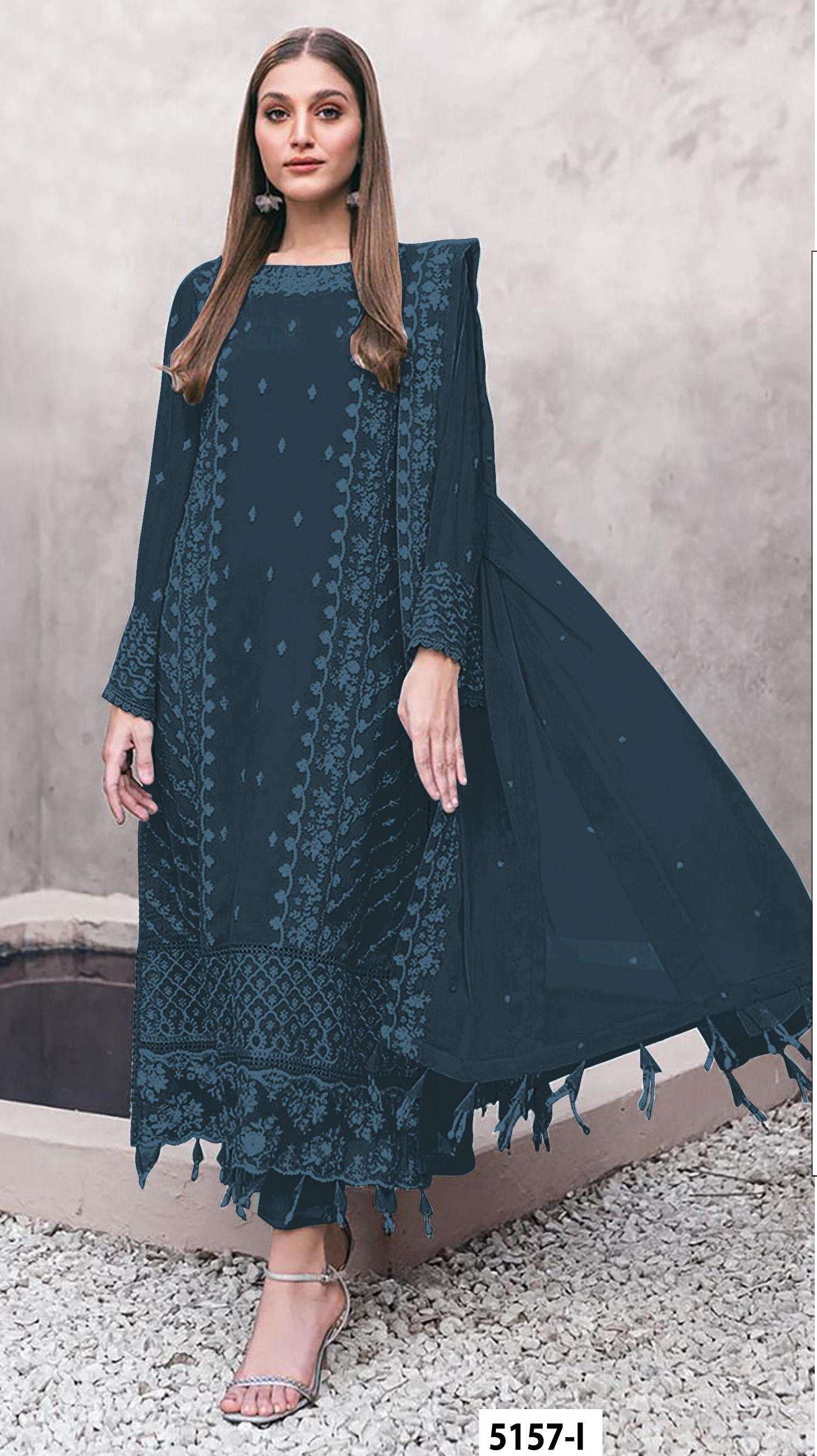 DESIGNER WEDDING PARTY WEAR STRAIGHT FAUX GEORGETTE BLUE PAKISTANI SALWAR SUIT JG 5157 I
