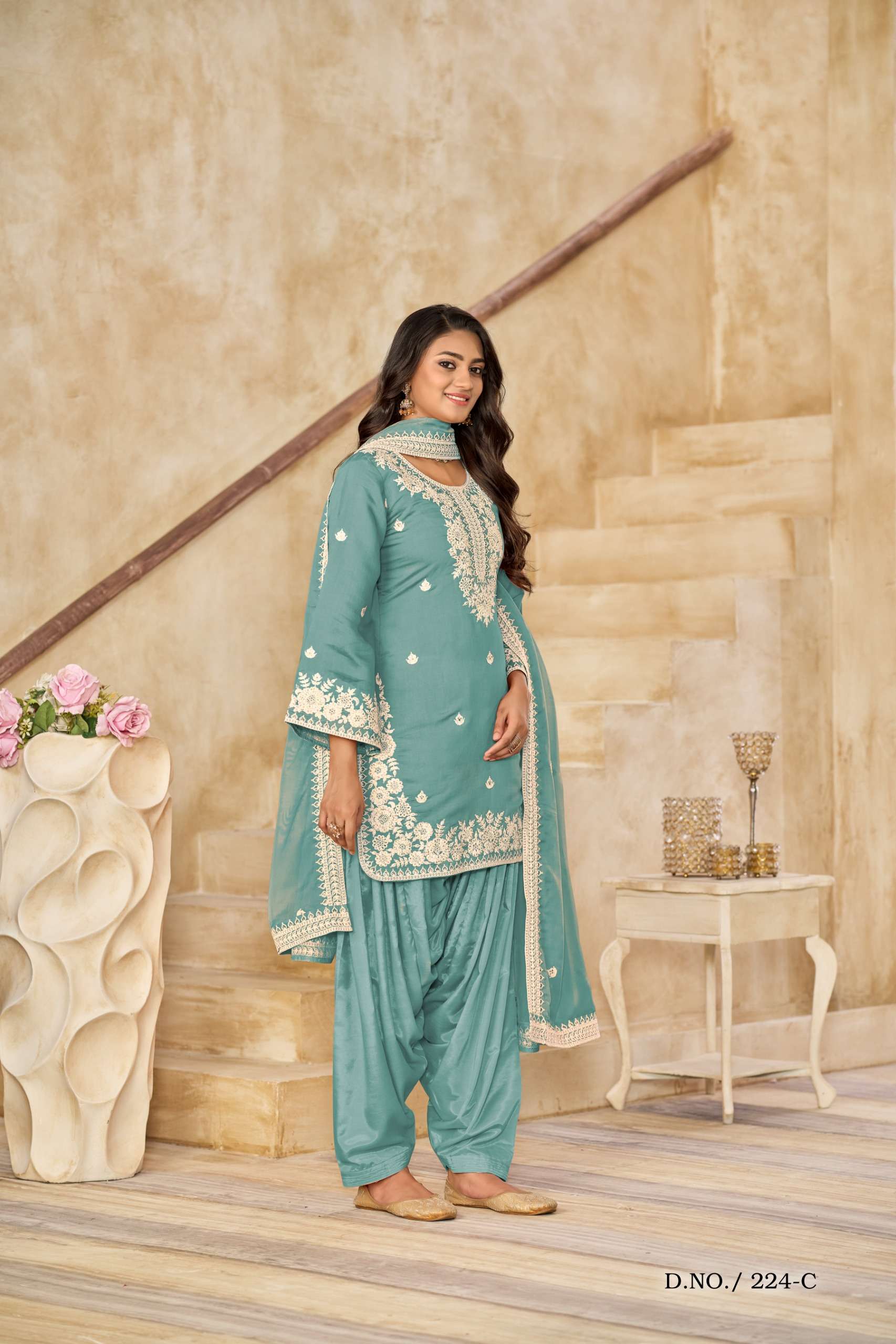 INDIA PUNJABI DESIGNER ROMAN SILK BLUE PATIYALA SALWAR SUIT DRESS ANY 224 C