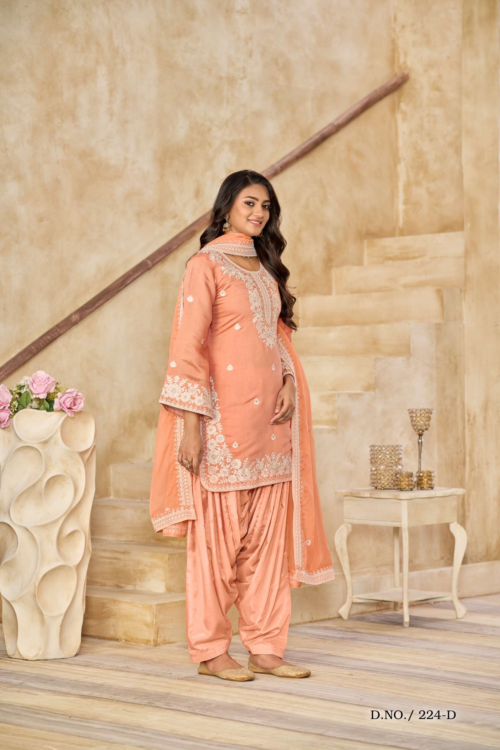 INDIA PUNJABI DESIGNER ROMAN SILK ORANGE PATIYALA SALWAR SUIT DRESS ANY 224 D