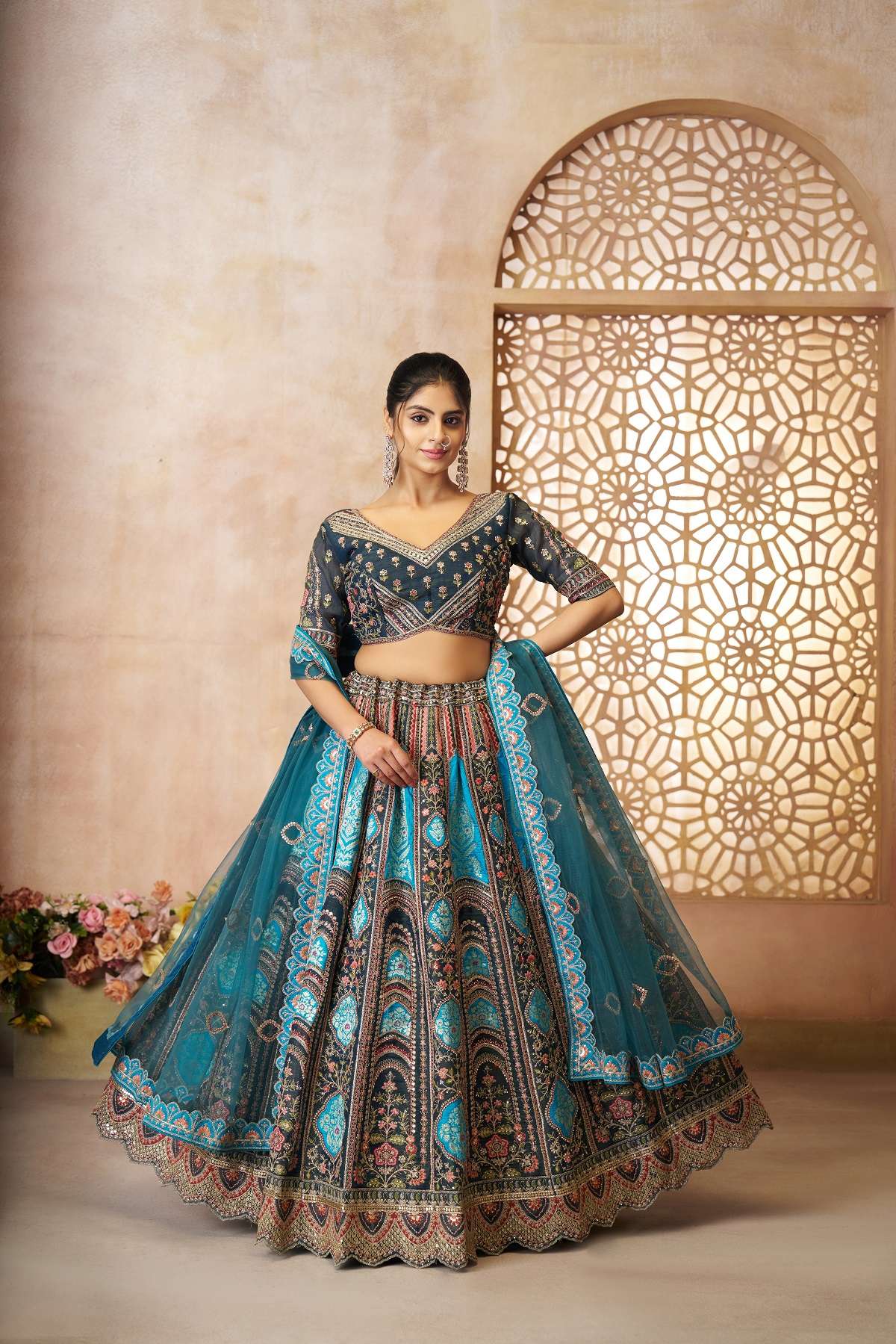 INDIAN DESIGNER BOLLYWOOD WEDDING PARTY WEAR BLUE BANARASI SILK LEHENGA CHOLI KFF 31