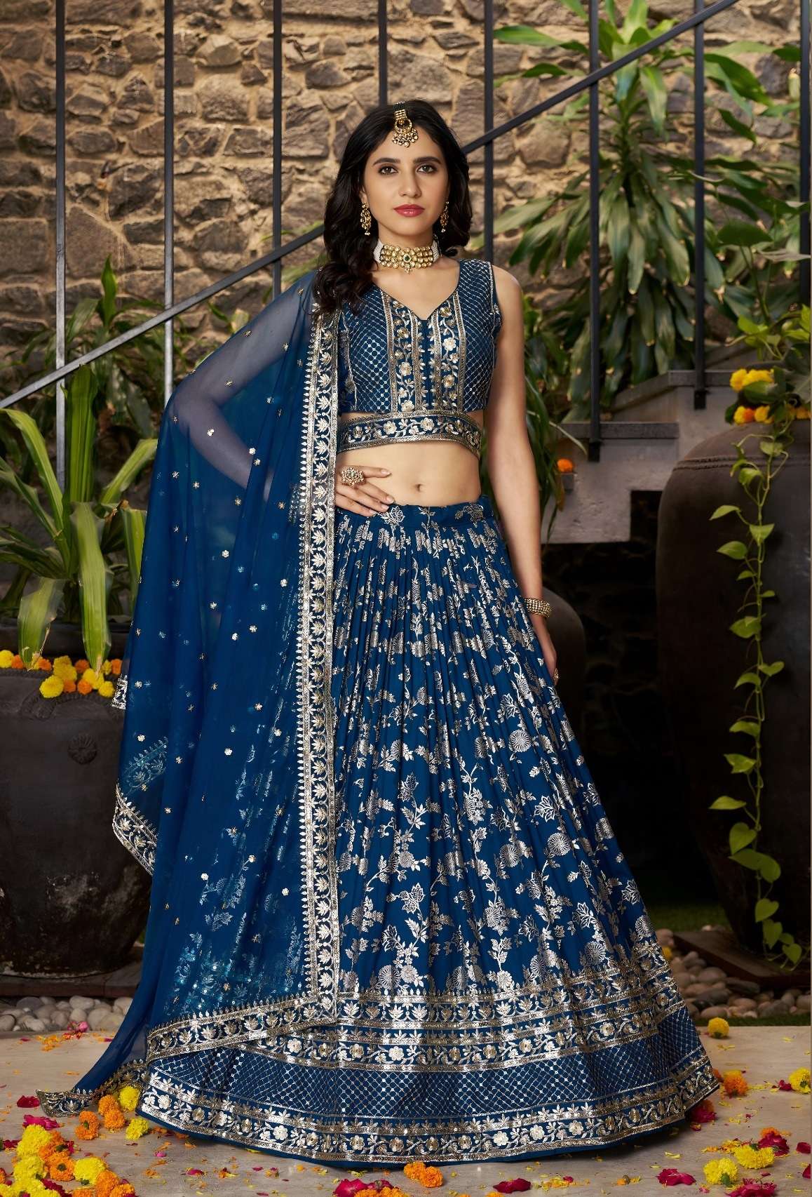 INDIAN DESIGNER BOLLYWOOD WEDDING PARTY WEAR BLUE JACQUARD SILK LEHENGA CHOLI ZC 7100 F