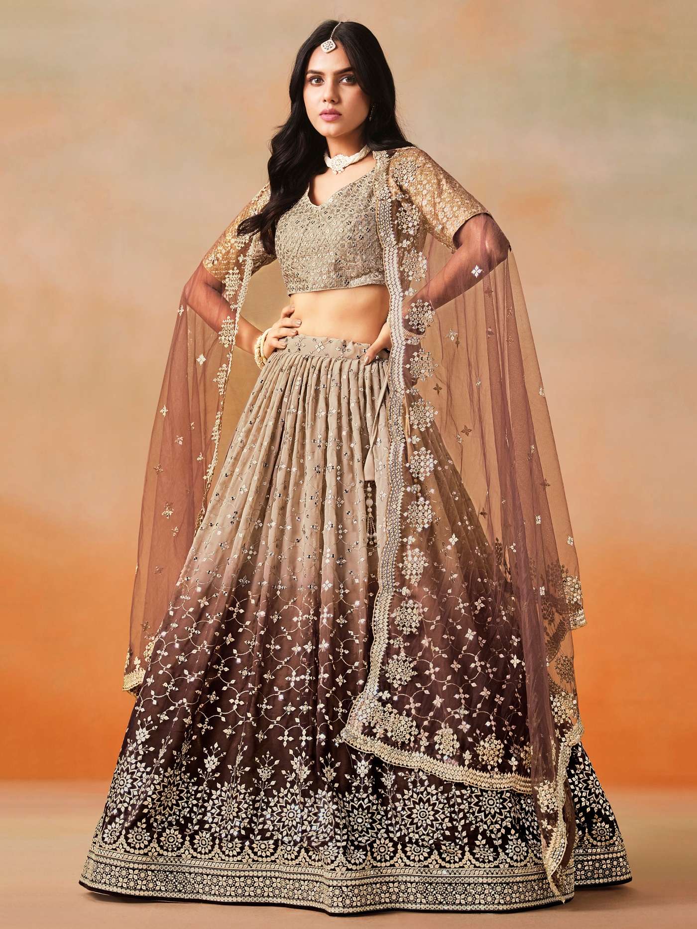 INDIAN DESIGNER BOLLYWOOD WEDDING PARTY WEAR BROWN GEORGETTE LEHENGA CHOLI ZC 7086 A