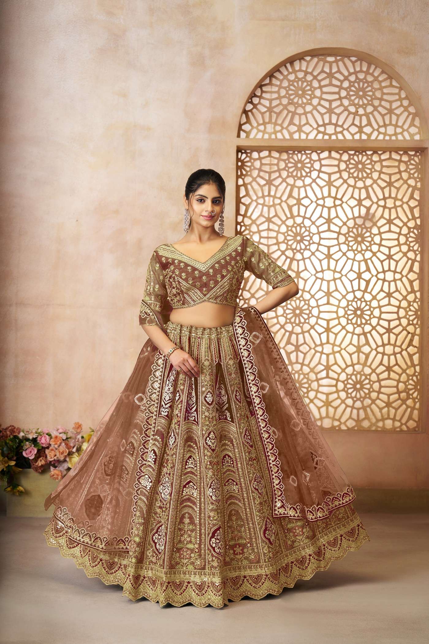 INDIAN DESIGNER BOLLYWOOD WEDDING PARTY WEAR COFFEE BANARASI SILK LEHENGA CHOLI KFF 31