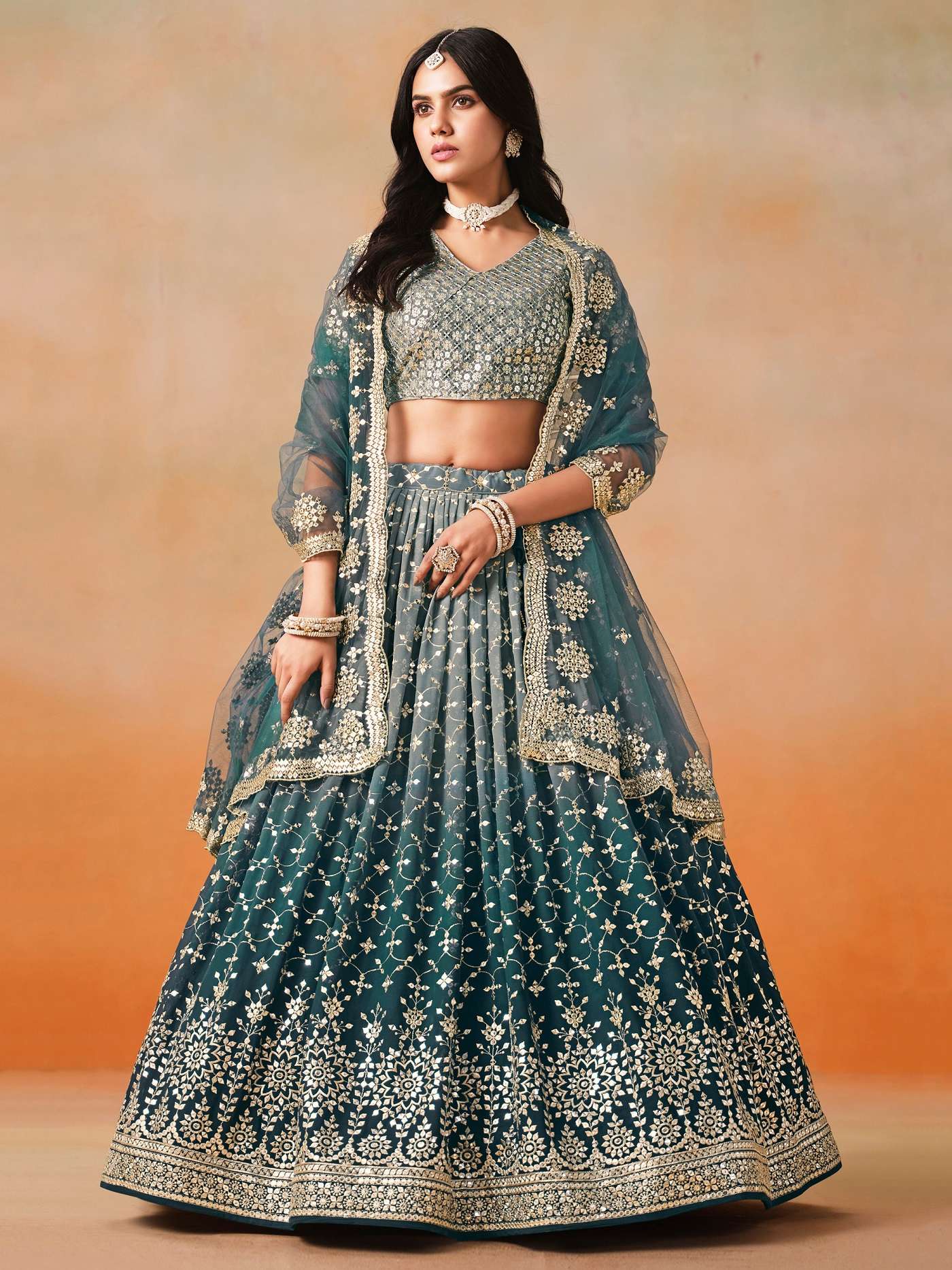 INDIAN DESIGNER BOLLYWOOD WEDDING PARTY WEAR DOVE BLUE GEORGETTE LEHENGA CHOLI ZC 7086 B