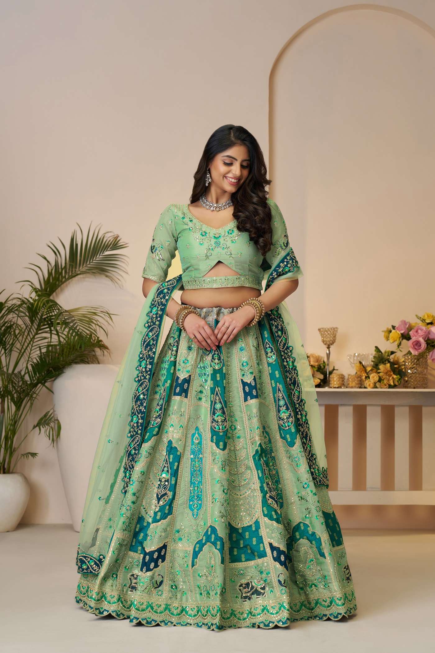 INDIAN DESIGNER BOLLYWOOD WEDDING PARTY WEAR GREEN BANARASI SILK LEHENGA CHOLI KFF 492