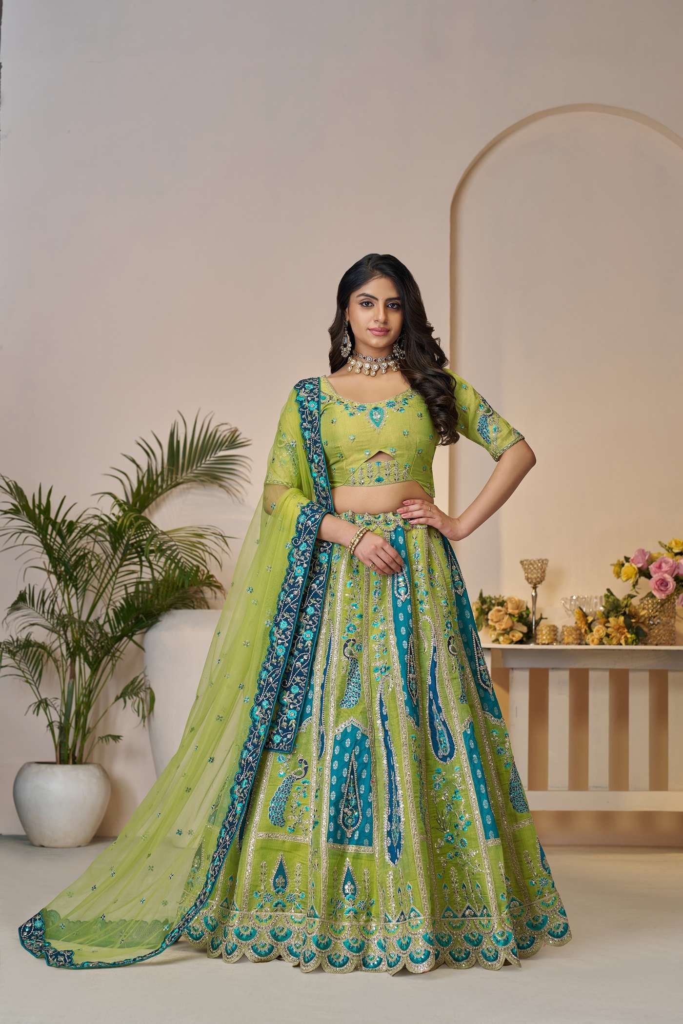 INDIAN DESIGNER BOLLYWOOD WEDDING PARTY WEAR GREEN BANARASI SILK LEHENGA CHOLI KFF 484