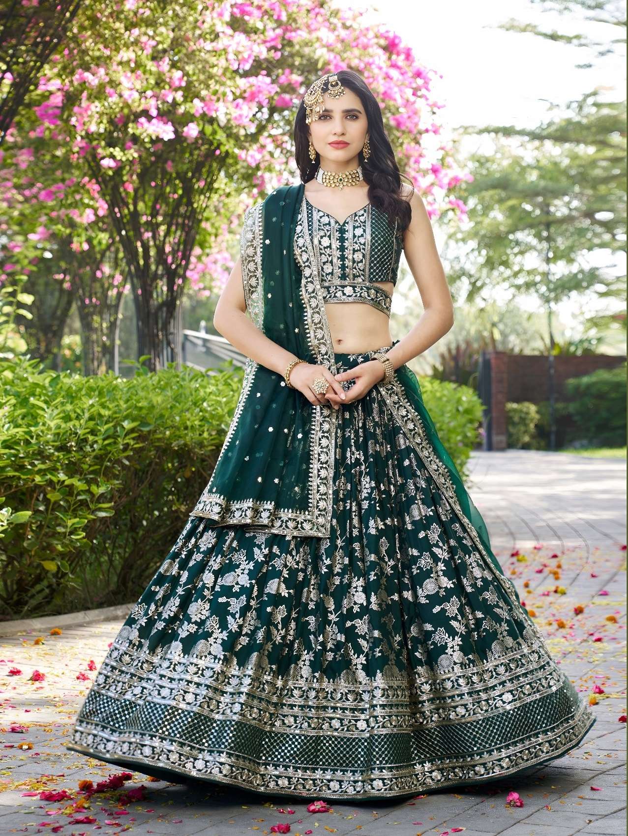 INDIAN DESIGNER BOLLYWOOD WEDDING PARTY WEAR GREEN JACQUARD SILK LEHENGA CHOLI ZC 7100 D