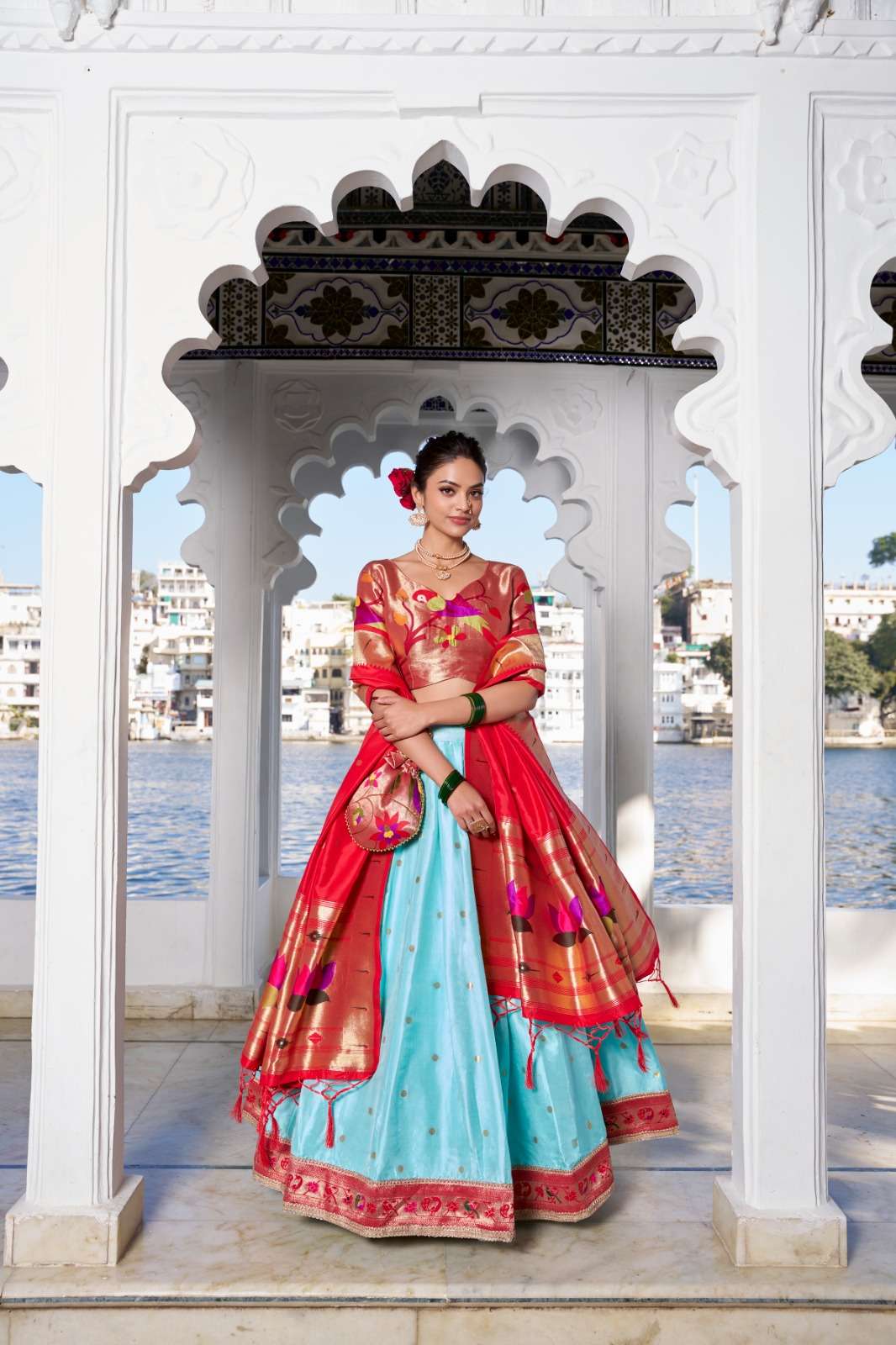 INDIAN DESIGNER BOLLYWOOD WEDDING PARTY WEAR JACQUARD SILK SKY BLUE LEHENGA CHOLI LNB 2006 A