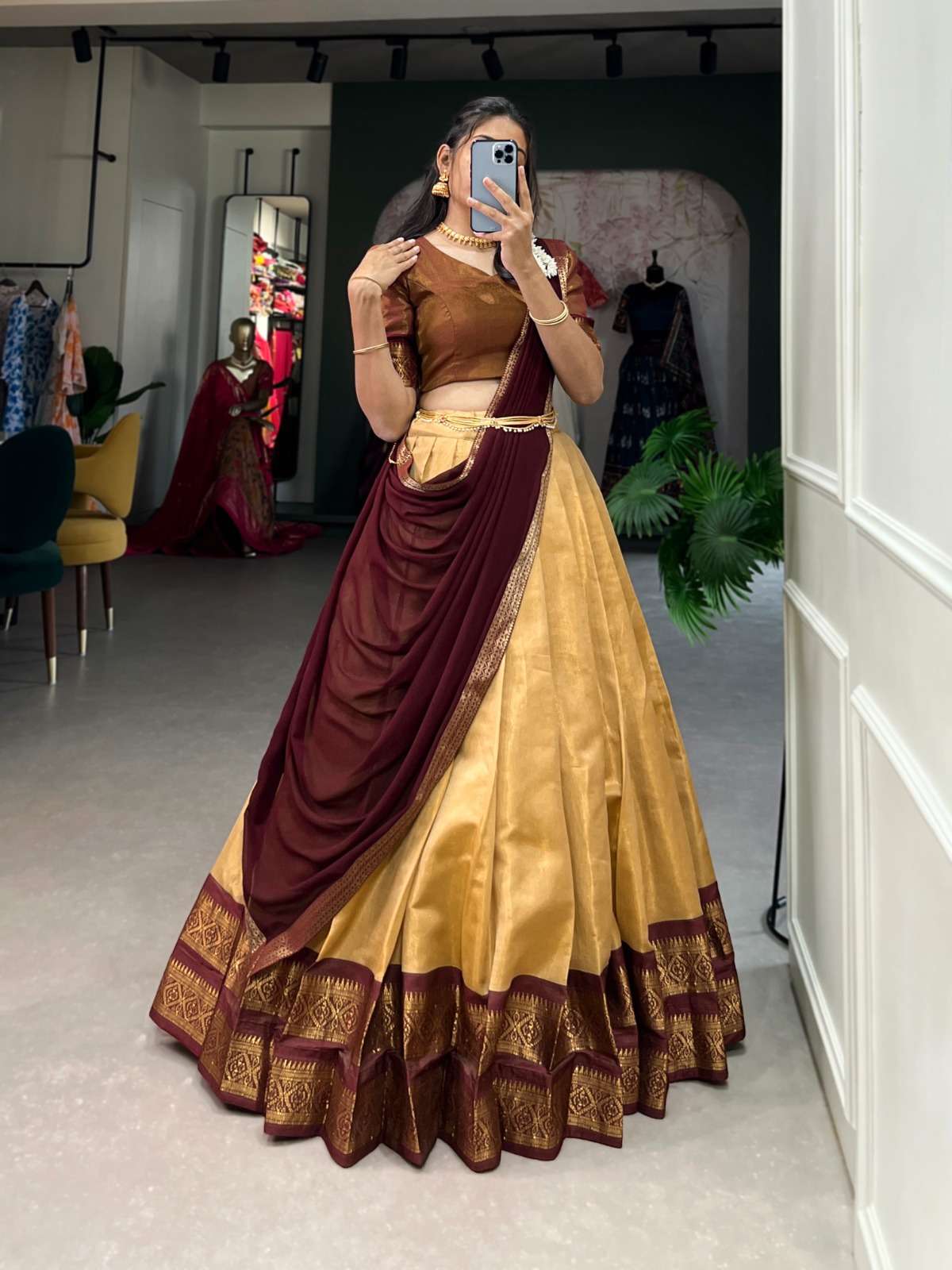 INDIAN DESIGNER BOLLYWOOD WEDDING PARTY WEAR KANCHIPURAM SILK CHIKU LEHENGA CHOLI LNB 2001 A