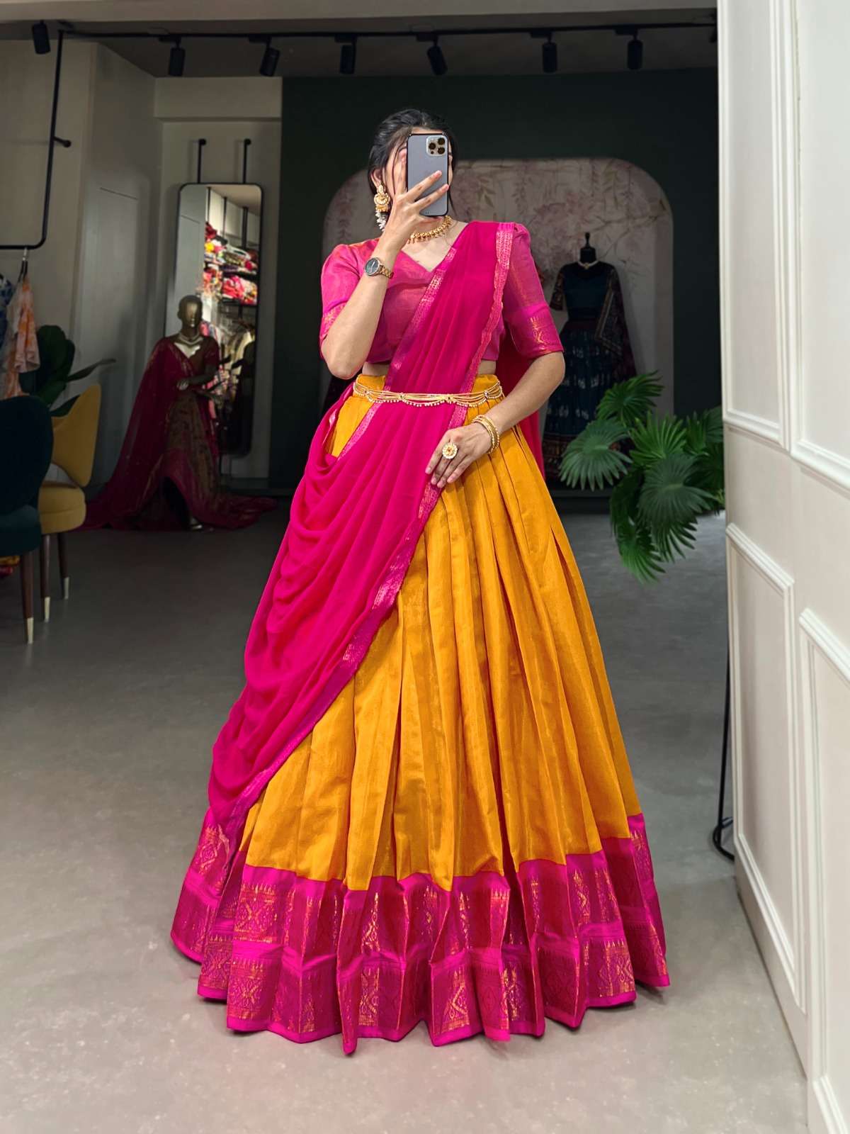 INDIAN DESIGNER BOLLYWOOD WEDDING PARTY WEAR KANCHIPURAM SILK YELLOW LEHENGA CHOLI LNB 2001 B
