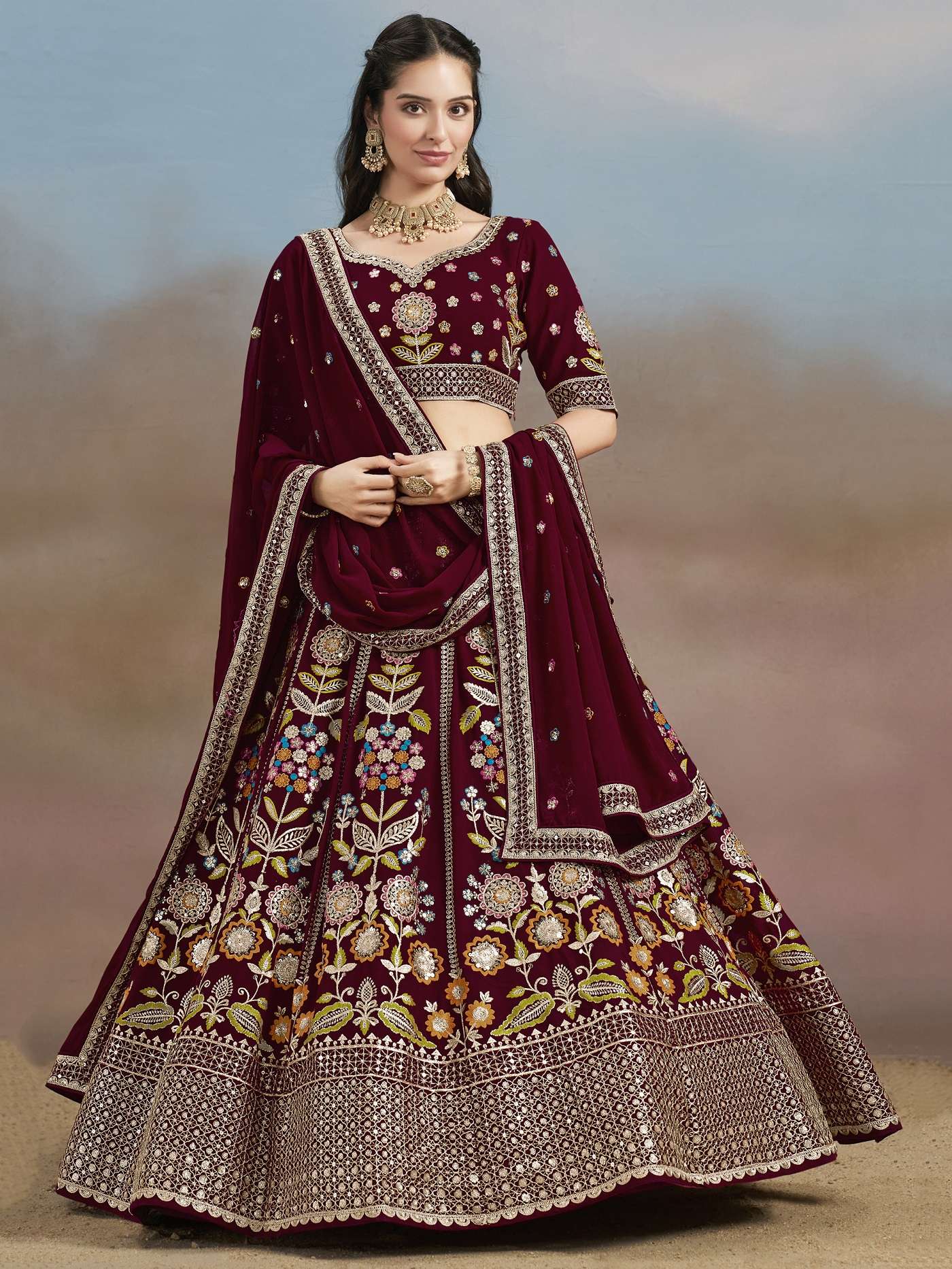 INDIAN DESIGNER BOLLYWOOD WEDDING PARTY WEAR MAROON GEORGETTE LEHENGA CHOLI ZC MILONI 6008 E
