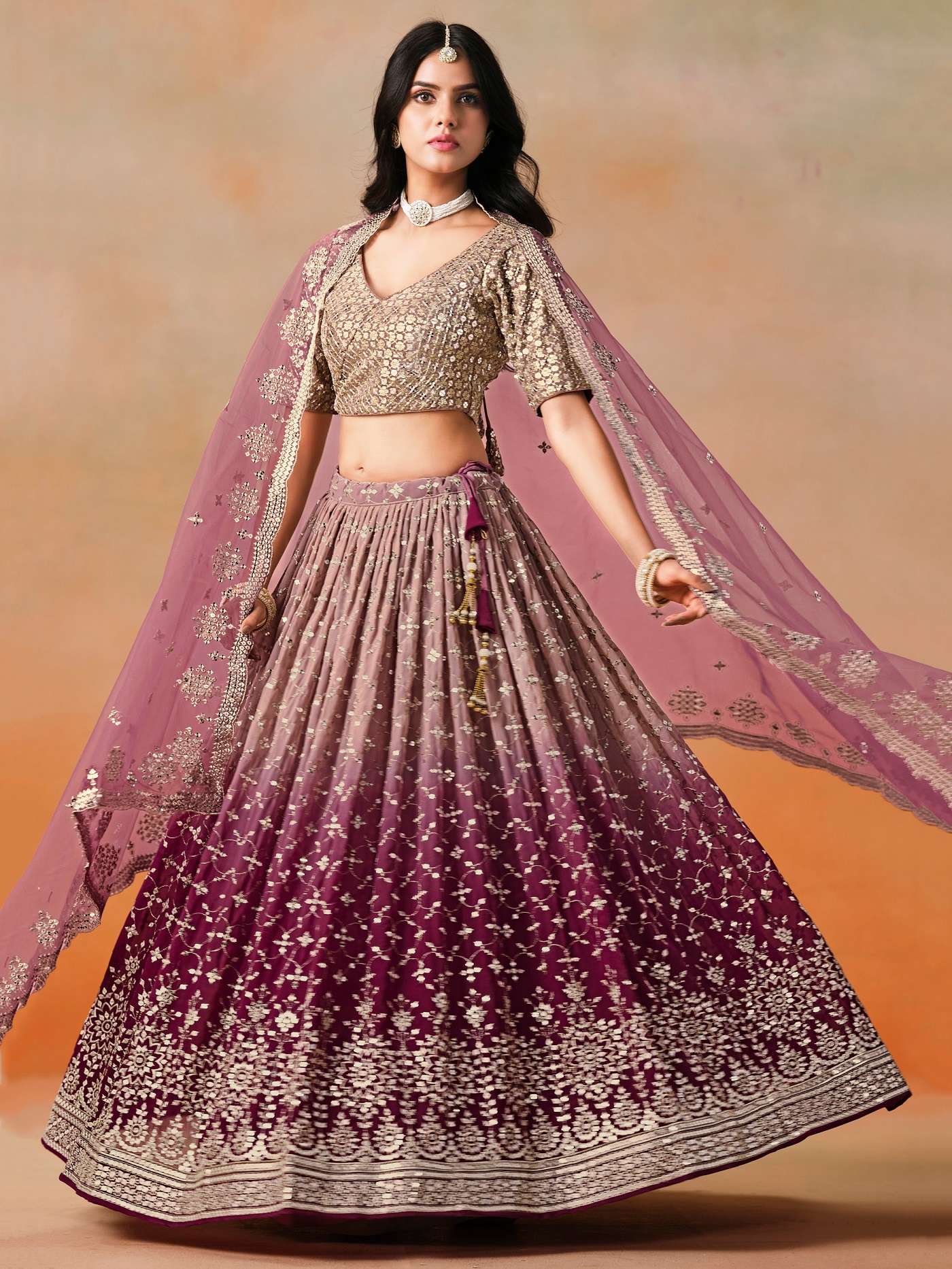 INDIAN DESIGNER BOLLYWOOD WEDDING PARTY WEAR MARRON GEORGETTE LEHENGA CHOLI ZC 7086 C