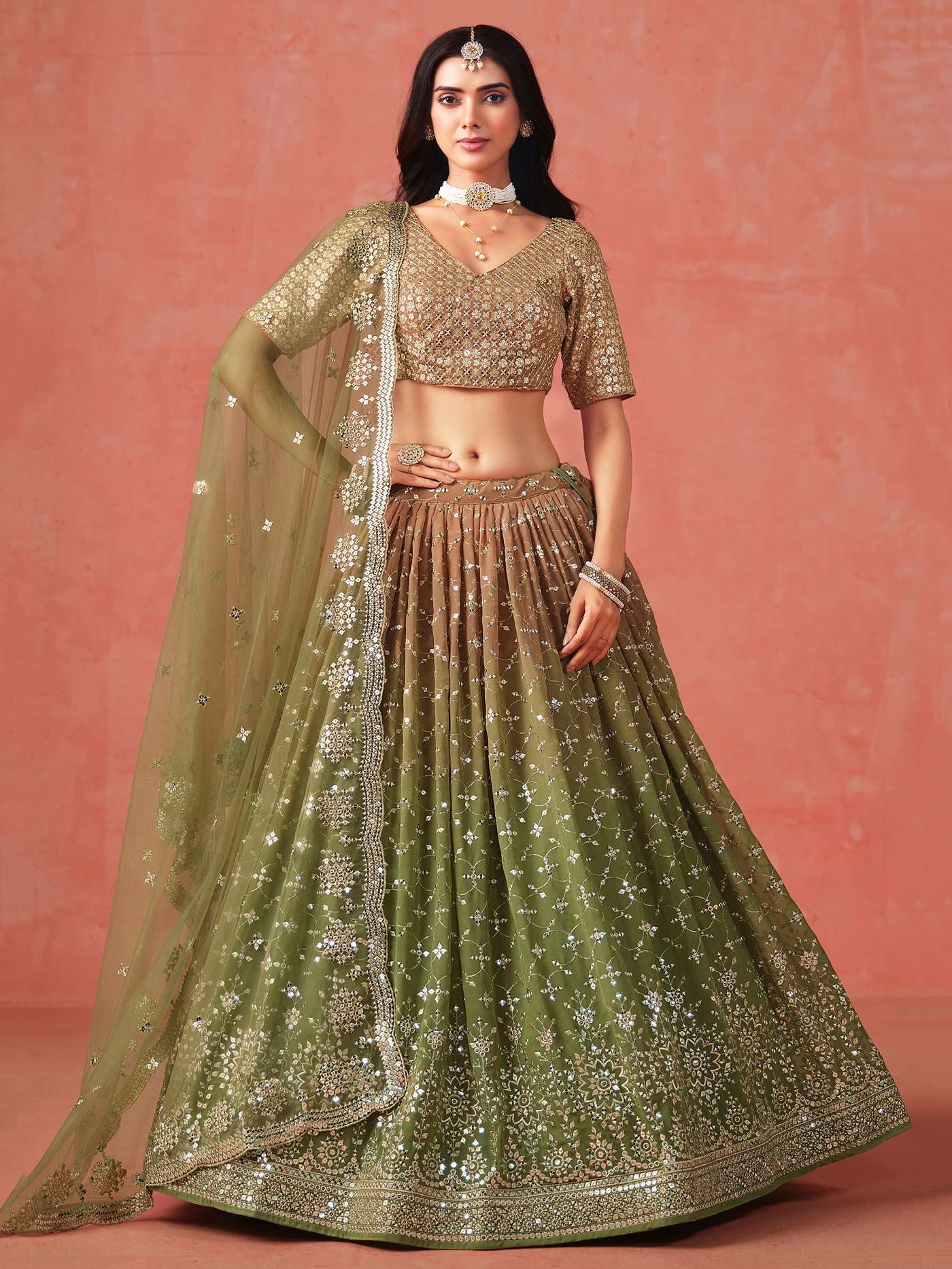 INDIAN DESIGNER BOLLYWOOD WEDDING PARTY WEAR MEHANDI GREEN GEORGETTE LEHENGA CHOLI ZC 7086 D