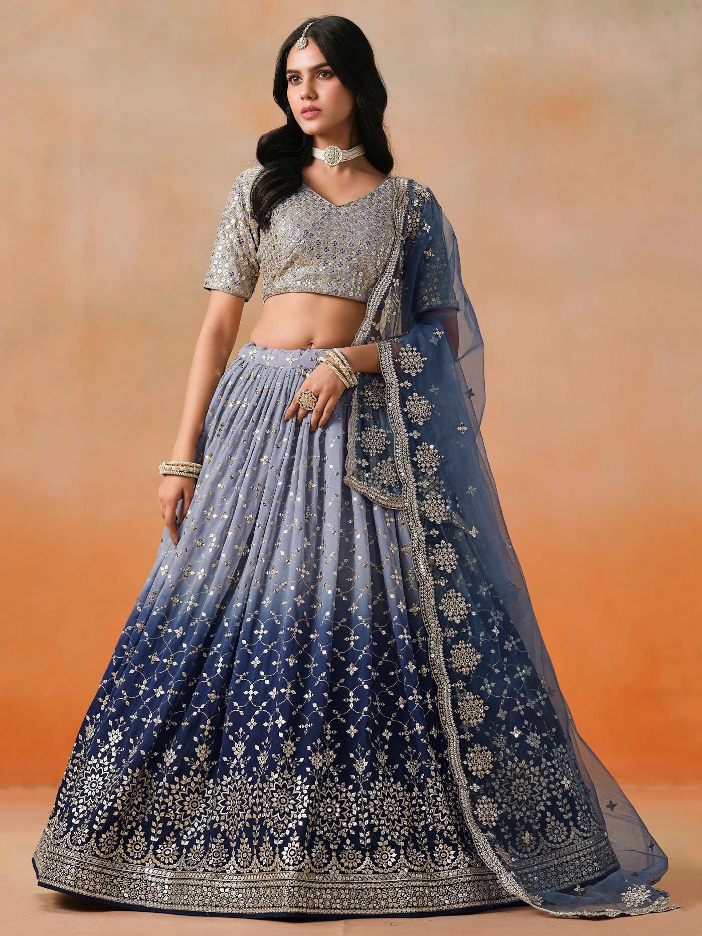 INDIAN DESIGNER BOLLYWOOD WEDDING PARTY WEAR NAVY BLUE GEORGETTE LEHENGA CHOLI ZC 7086 E