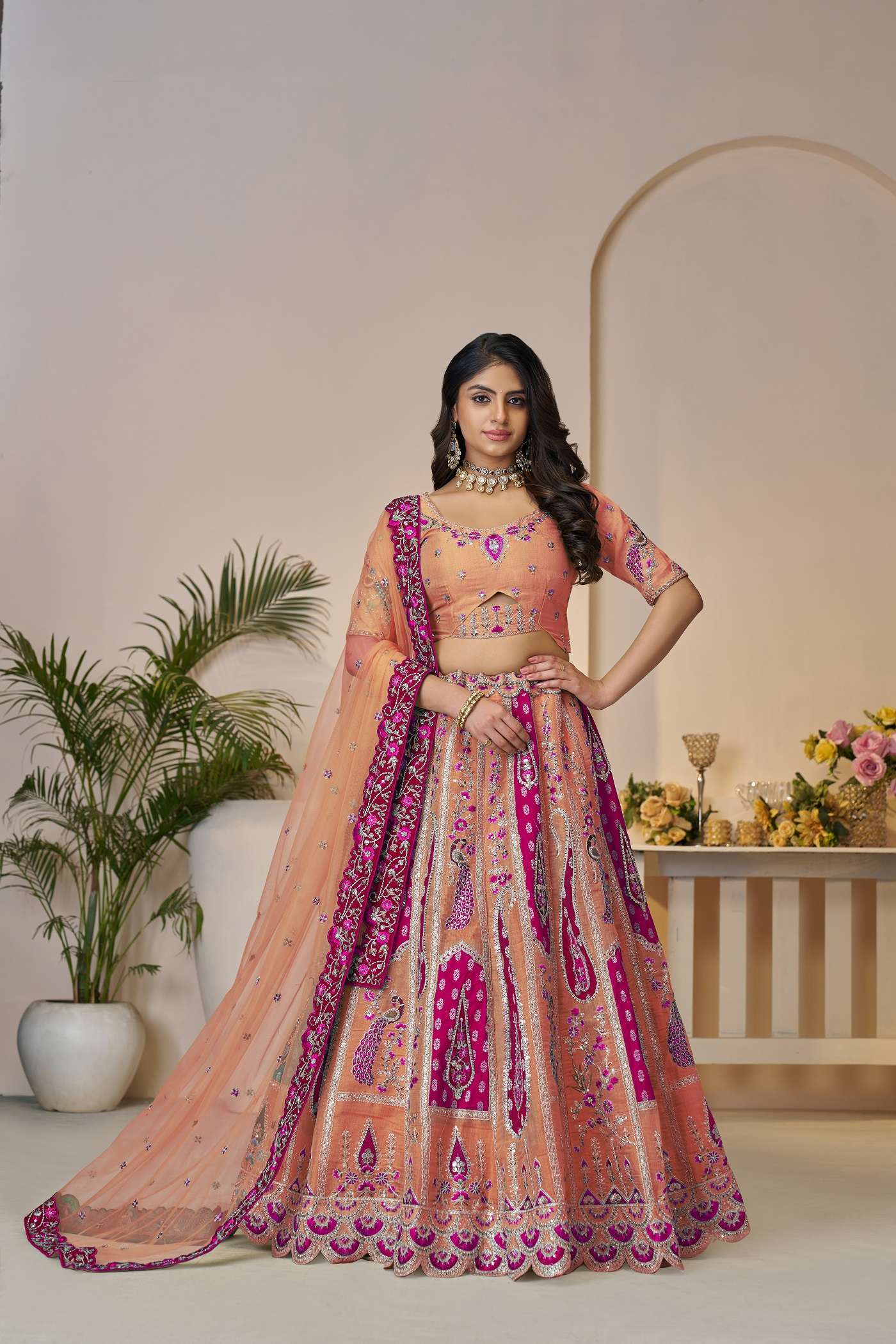 INDIAN DESIGNER BOLLYWOOD WEDDING PARTY WEAR ORANGE BANARASI SILK LEHENGA CHOLI KFF 484