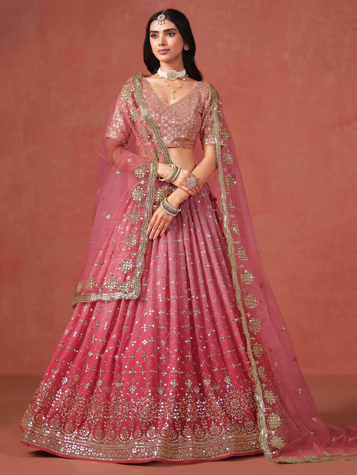 INDIAN DESIGNER BOLLYWOOD WEDDING PARTY WEAR PEACH GEORGETTE LEHENGA CHOLI ZC 7086 F