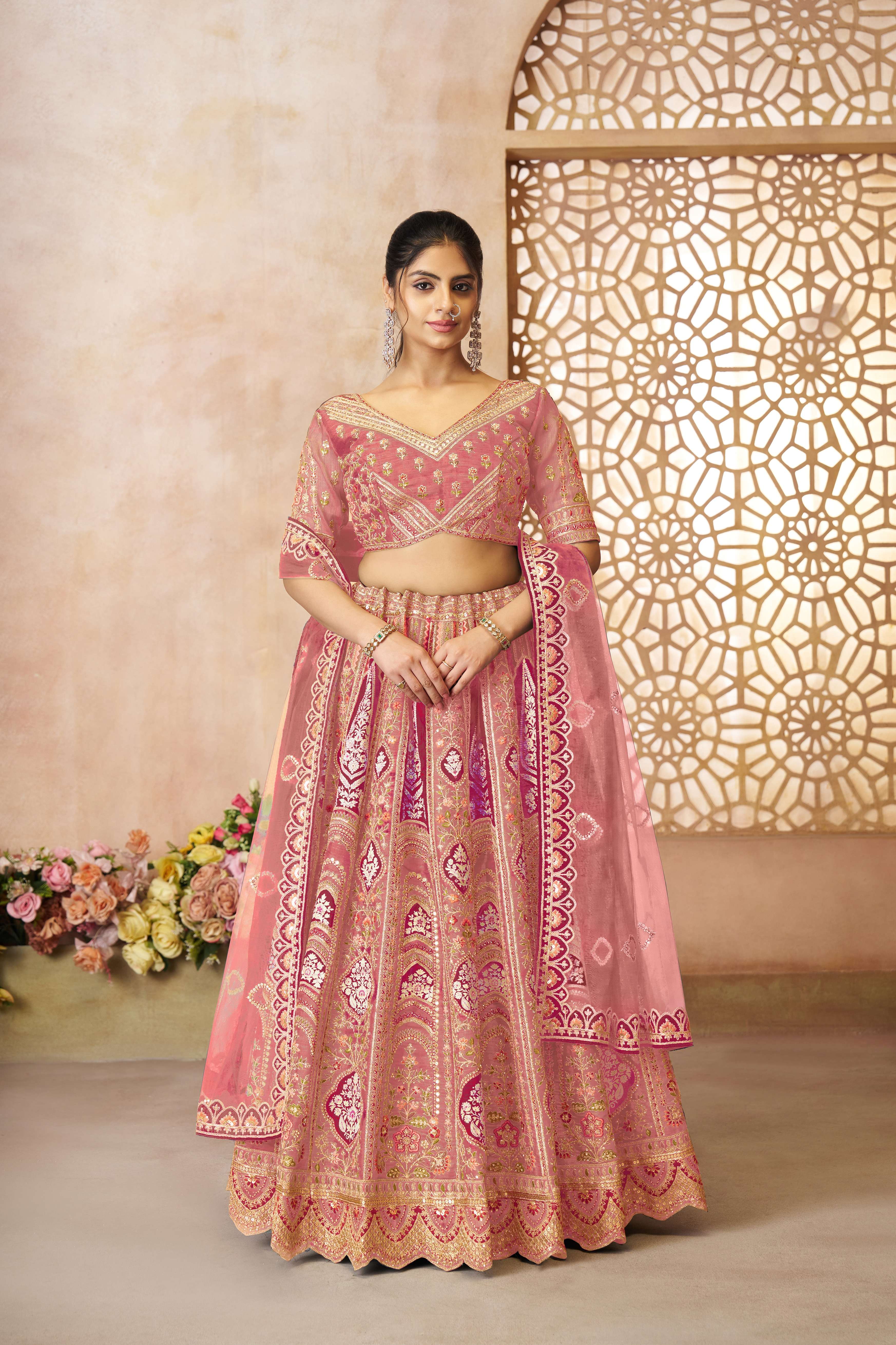 INDIAN DESIGNER BOLLYWOOD WEDDING PARTY WEAR PINK BANARASI SILK LEHENGA CHOLI KFF 31