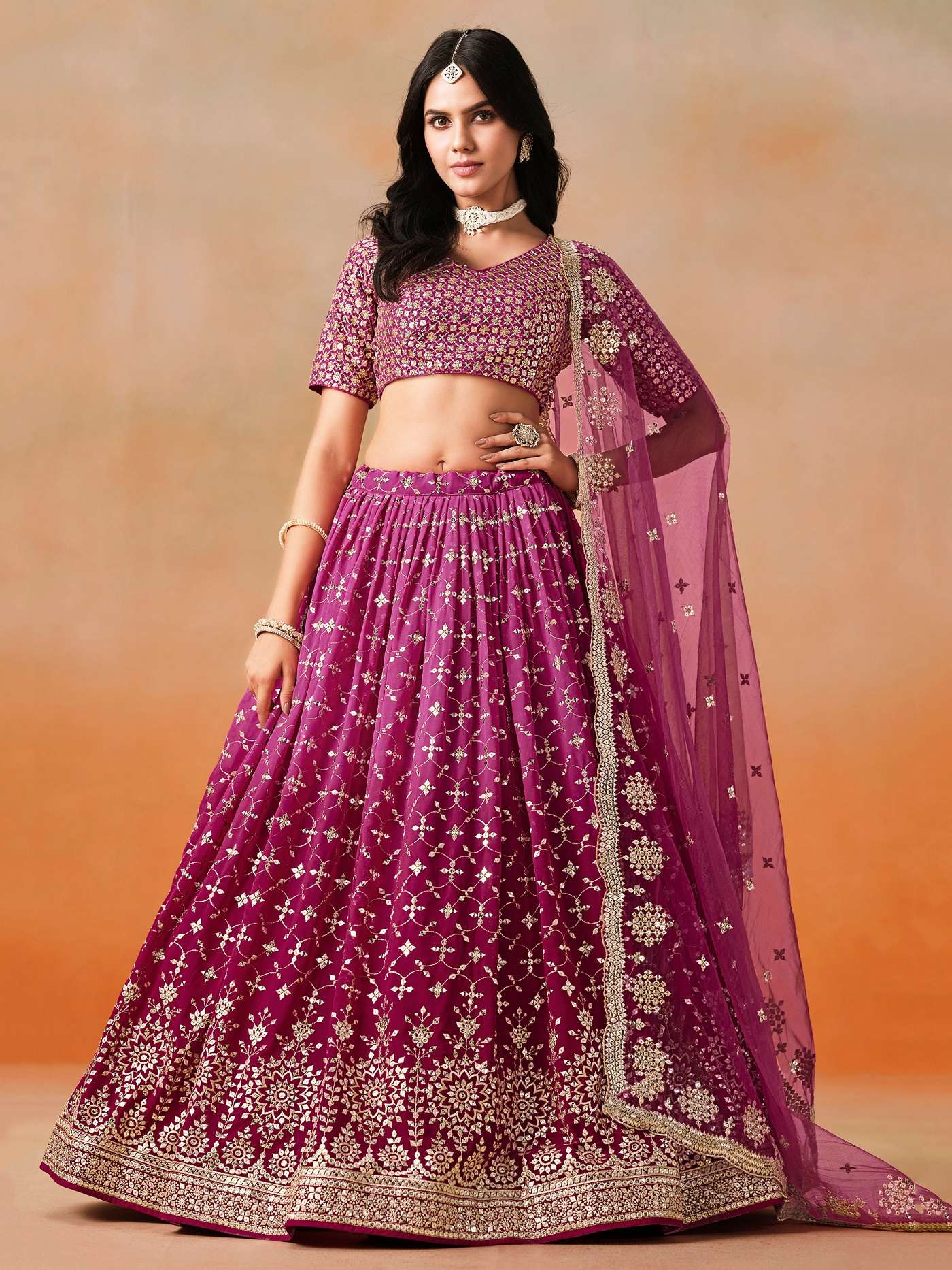 INDIAN DESIGNER BOLLYWOOD WEDDING PARTY WEAR RED PINK GEORGETTE LEHENGA CHOLI ZC 7086 J