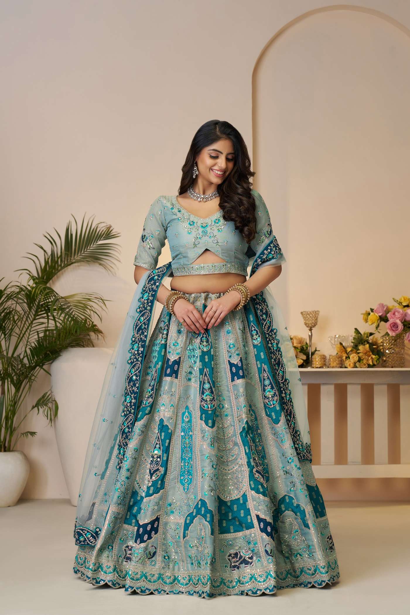INDIAN DESIGNER BOLLYWOOD WEDDING PARTY WEAR SKY BLUE BANARASI SILK LEHENGA CHOLI KFF 492