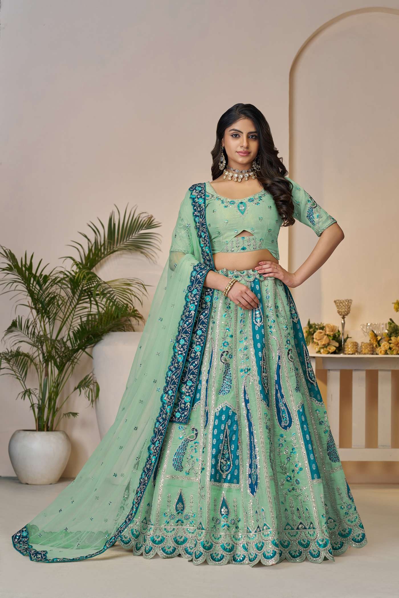 INDIAN DESIGNER BOLLYWOOD WEDDING PARTY WEAR SKY BLUE BANARASI SILK LEHENGA CHOLI KFF 484