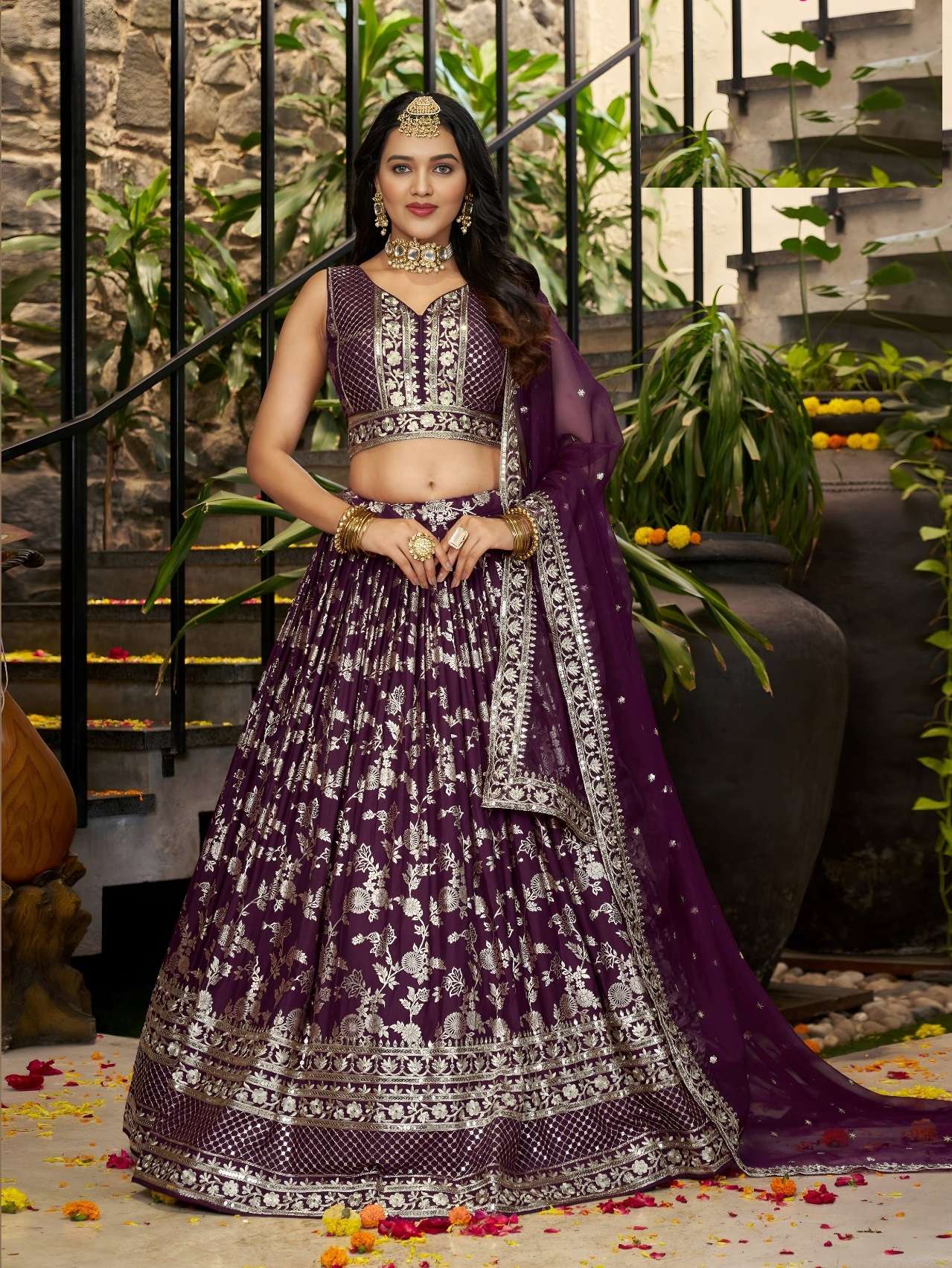 INDIAN DESIGNER BOLLYWOOD WEDDING PARTY WEAR WINE JACQUARD SILK LEHENGA CHOLI ZC 7100 G