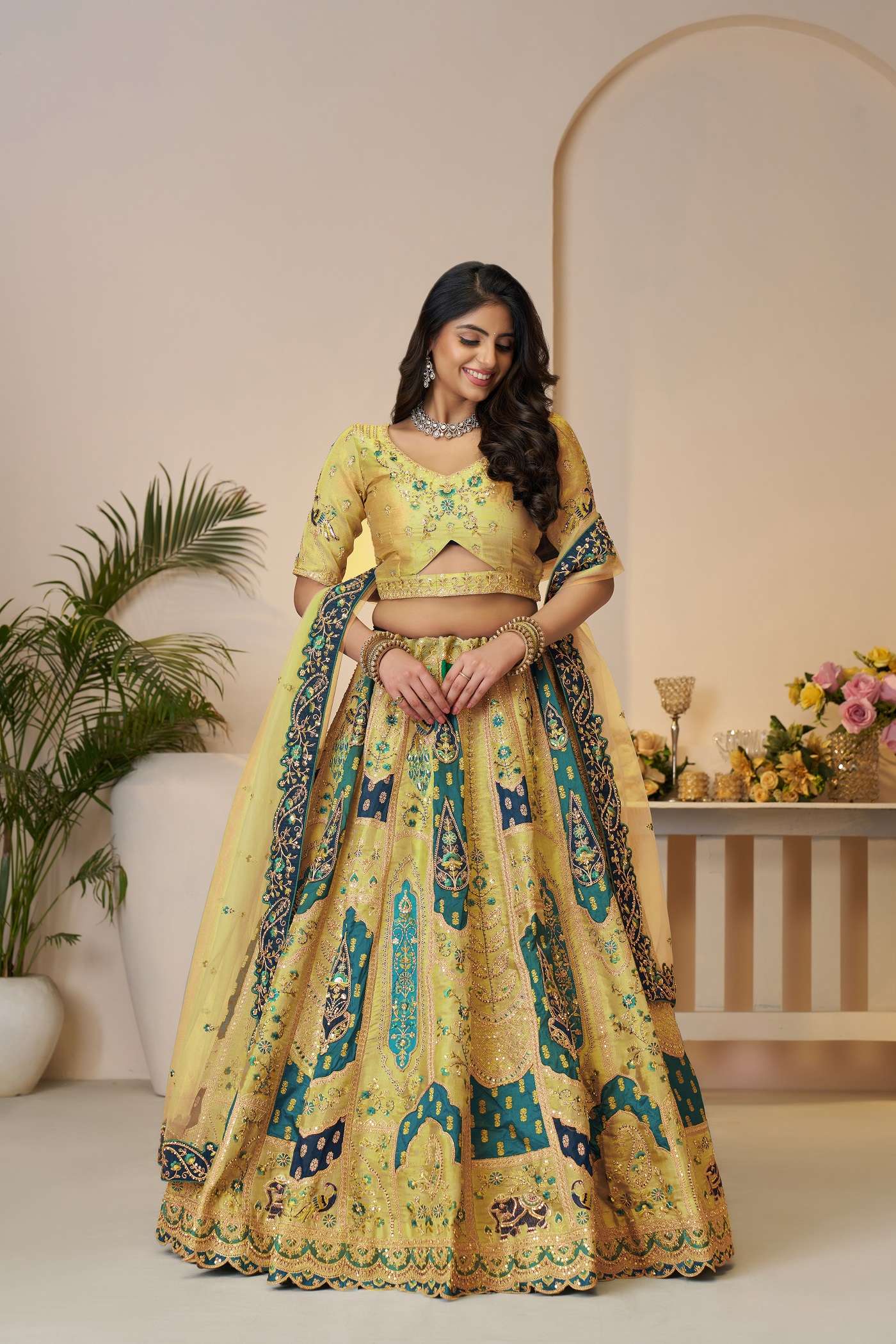 INDIAN DESIGNER BOLLYWOOD WEDDING PARTY WEAR YELLOW BANARASI SILK LEHENGA CHOLI KFF 492