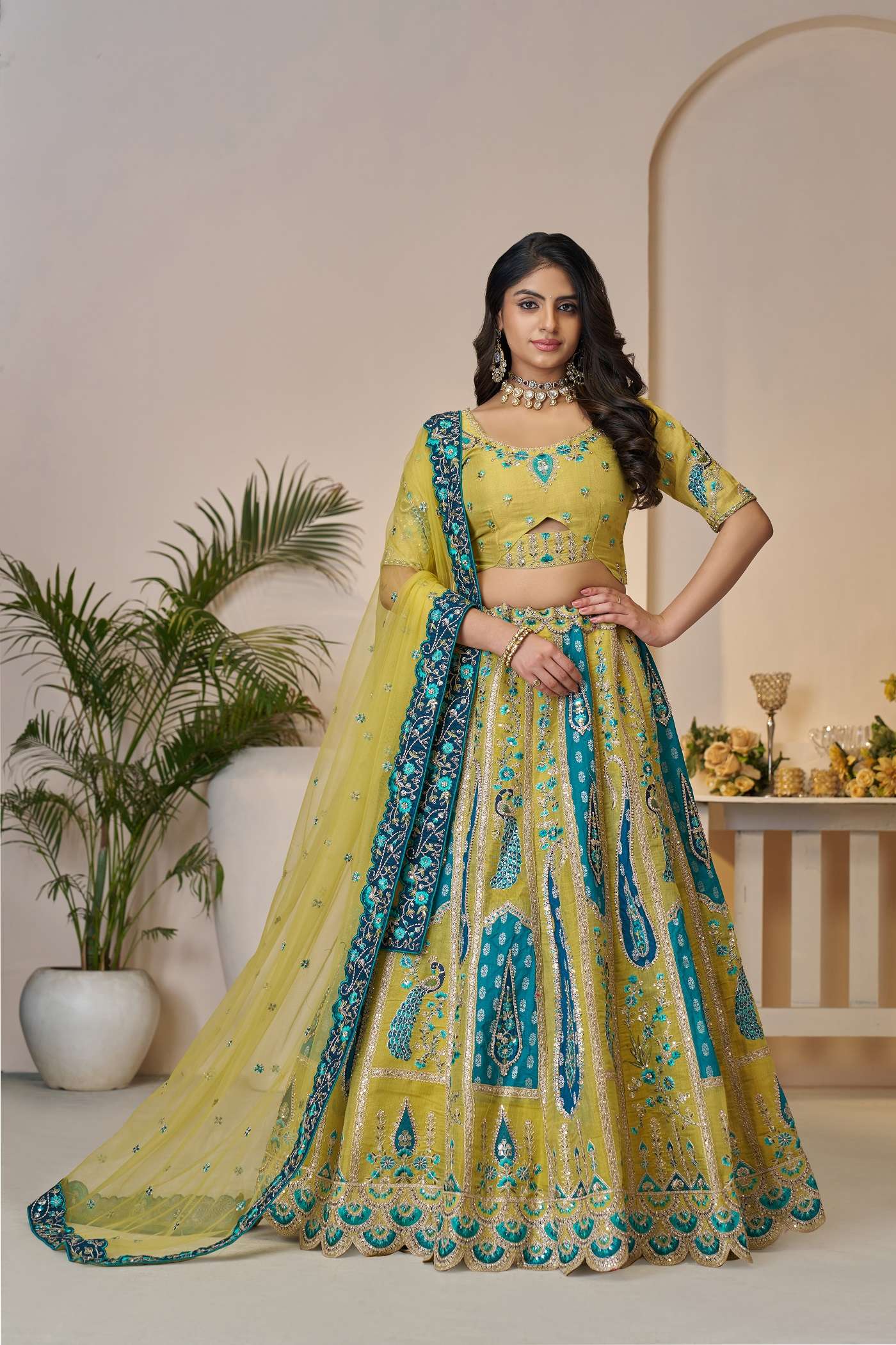INDIAN DESIGNER BOLLYWOOD WEDDING PARTY WEAR YELLOW BANARASI SILK LEHENGA CHOLI KFF 484
