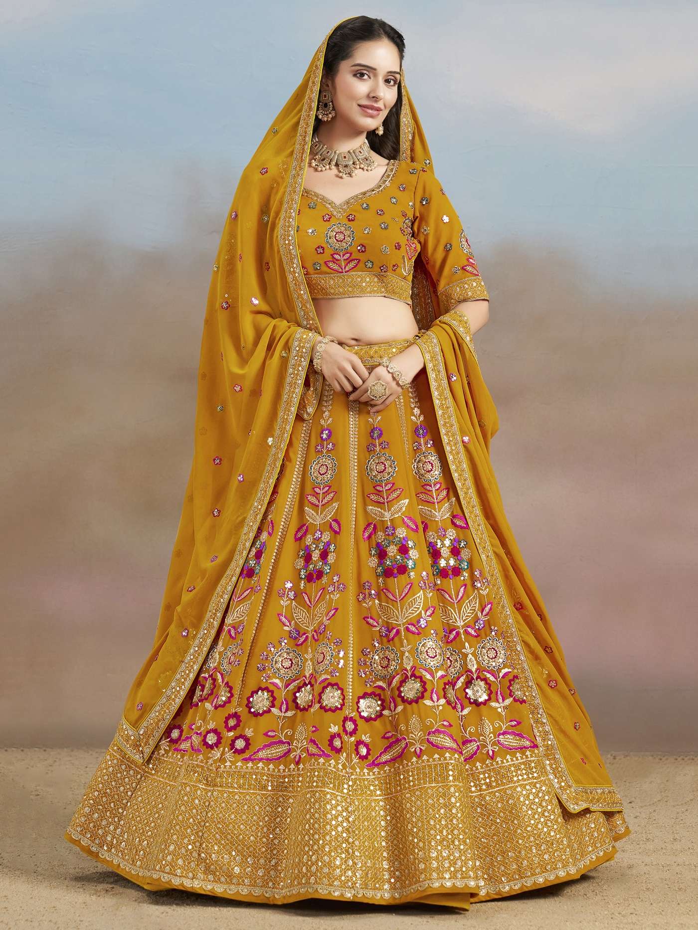 INDIAN DESIGNER BOLLYWOOD WEDDING PARTY WEAR YELLOW GEORGETTE LEHENGA CHOLI ZC MILONI 6008 D