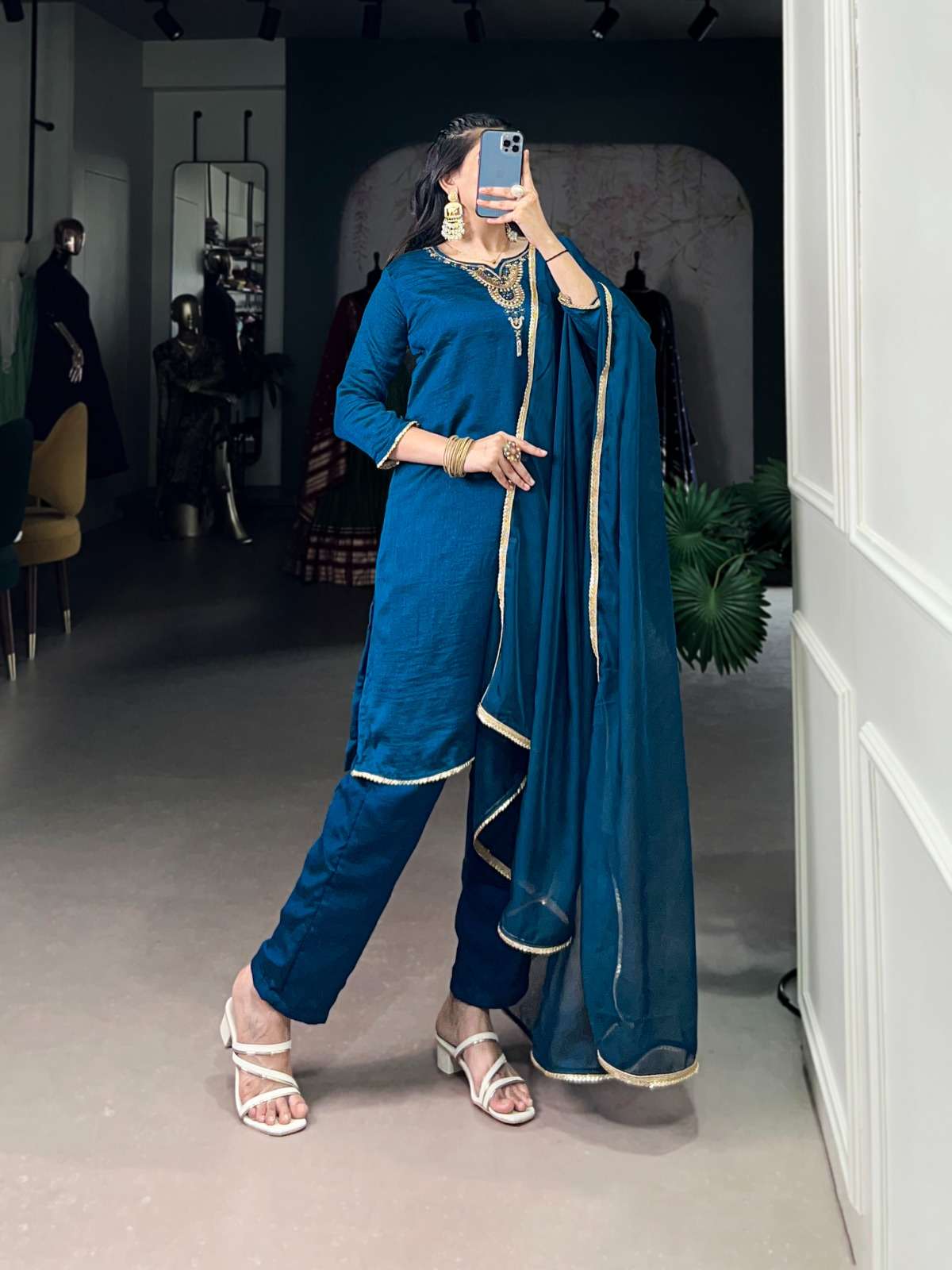 INDIAN DESIGNER FANCY WEDDING PARTY WEAR BLUE VICHITRA SILK SALWAR SUIT NNK 3043