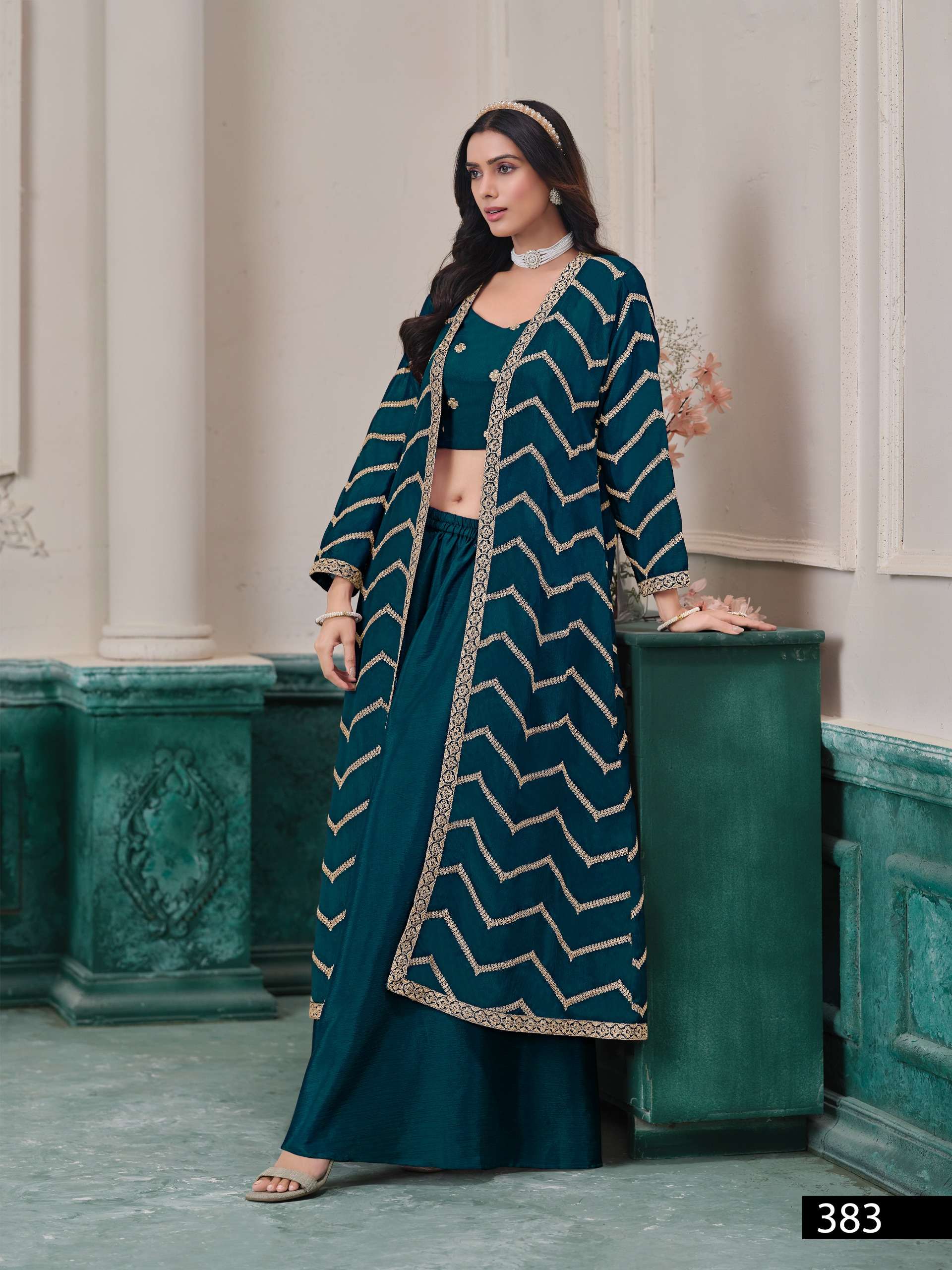 INDIAN DESIGNER FANCY WEDDING PARTY WEAR CHINON RAMA BLUE SHARARA SALWAR SUIT KOTI STYLE ANJB 383