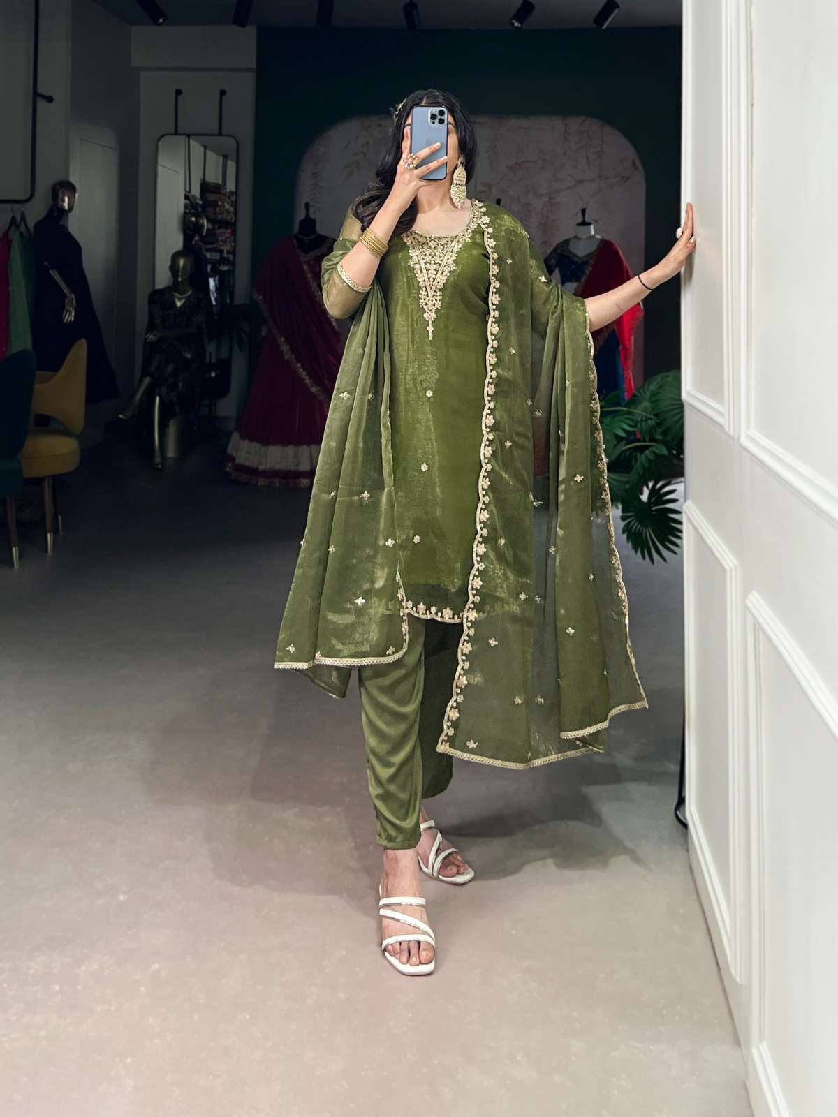 INDIAN DESIGNER FANCY WEDDING PARTY WEAR GREEN GOLD COIN SILK SALWAR SUIT NNK 3033