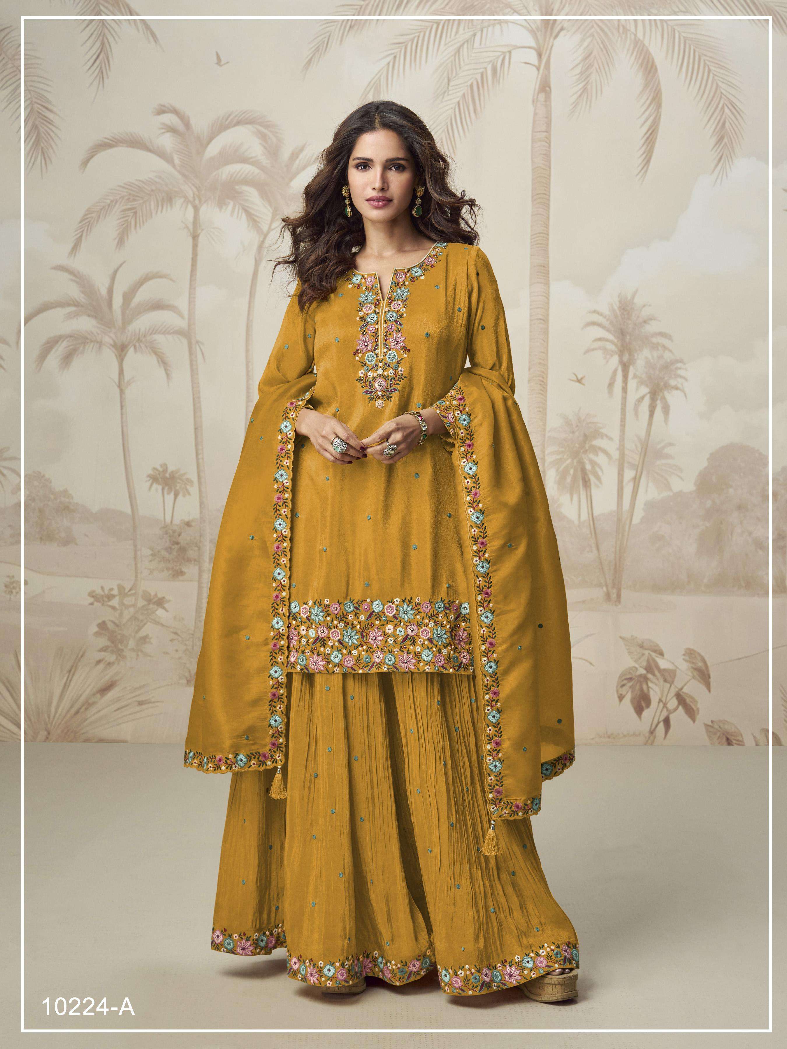 INDIAN DESIGNER FANCY WEDDING PARTY WEAR ROMAN SIMAR SILK YELLOW SHARARA SALWAR SUIT JG NAGMA 10224 A