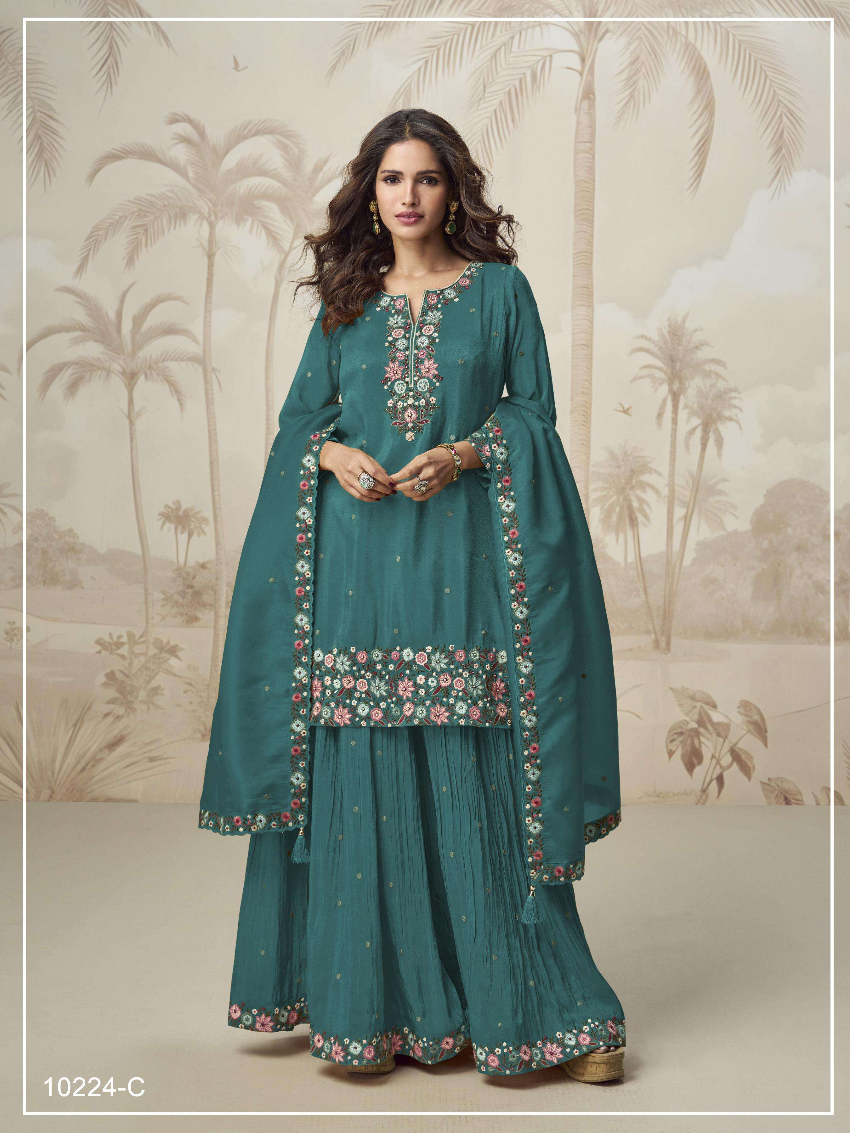 INDIAN DESIGNER FANCY WEDDING PARTY WEAR ROMAN SIMAR SILK TEAL BLUE SHARARA SALWAR SUIT JG NAGMA 10224 C