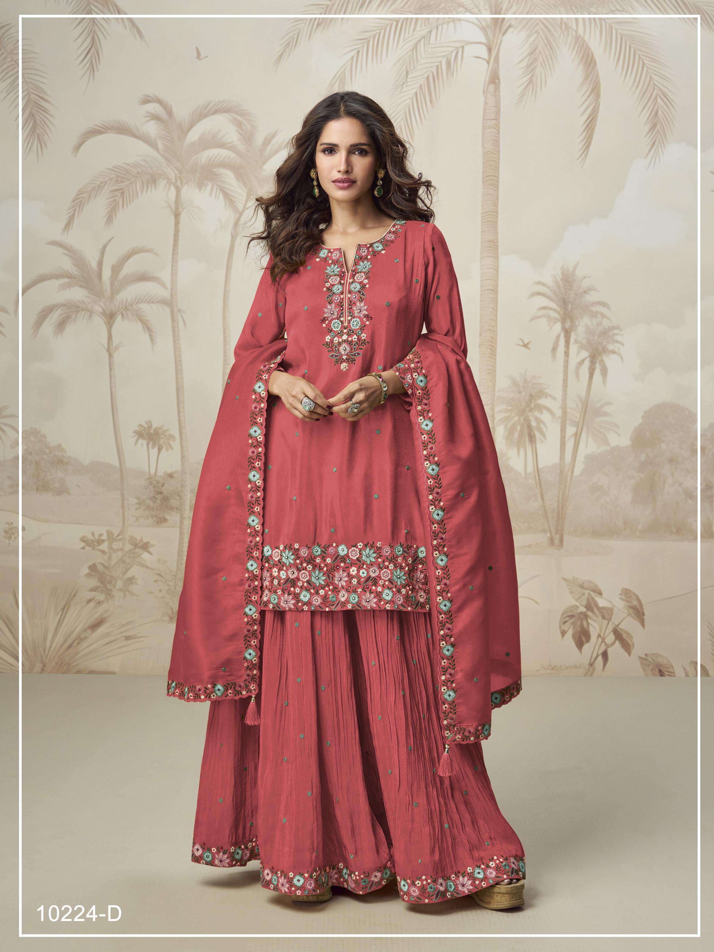 INDIAN DESIGNER FANCY WEDDING PARTY WEAR ROMAN SIMAR SILK PINK SHARARA SALWAR SUIT JG NAGMA 10224 D