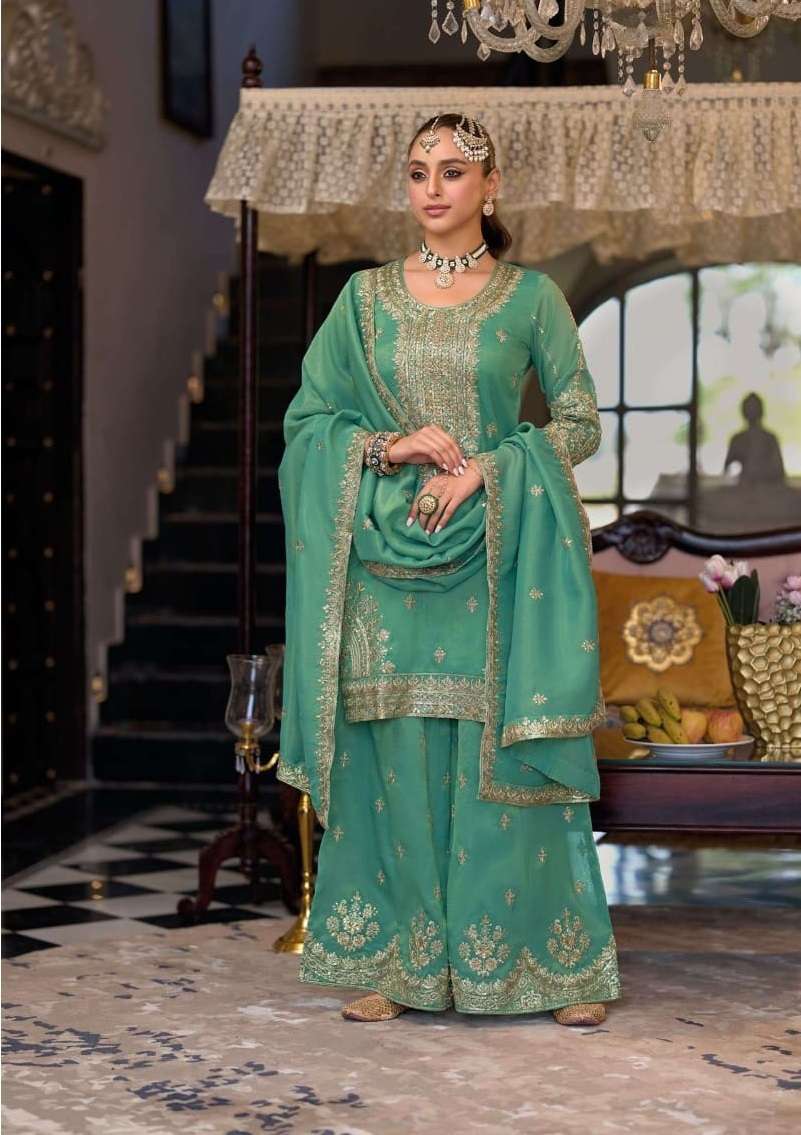 INDIAN DESIGNER FANCY WEDDING PARTY WEAR SIMAR SILK GREEN SHARARA SALWAR SUIT RH COSMOS 1876