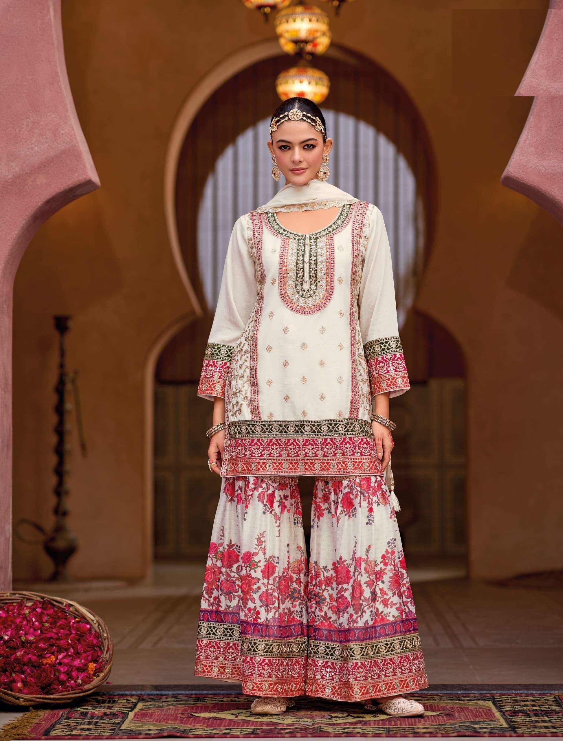 INDIAN DESIGNER FANCY WEDDING PARTY WEAR WHITE CHINON SILK SHARARA SALWAR SUIT RH RANG 1842