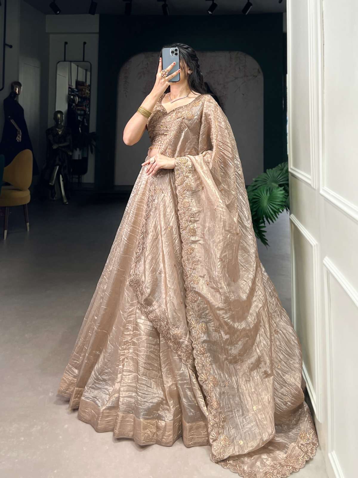 INDIAN DESIGNER PARTY WEAR HEAVY GOLD CRUSH SILK CHIKU LEHENGA CHOLI LNB 1403